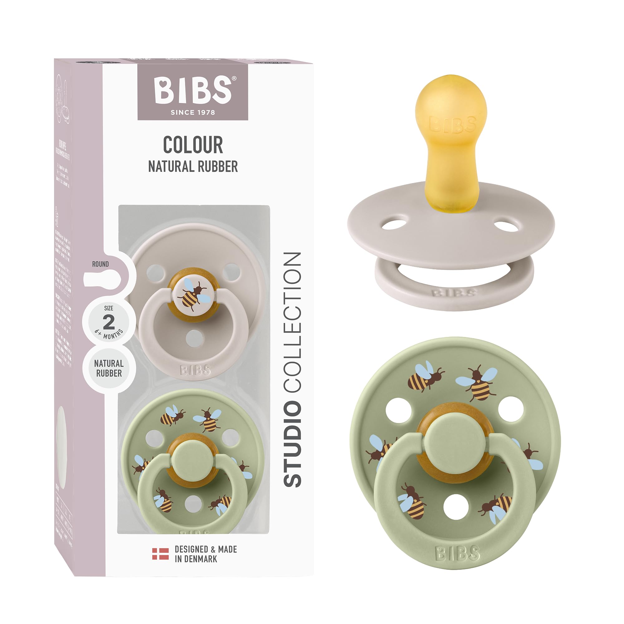 BIBS Colour Studio Ciuccio confezione da 2 pezzi. Privo di BPA, Tettarella tonda. Lattice di gomma naturale, Prodotto in Danimarca, Taglia 2 (6-18 mesi), Mushroom/Sage