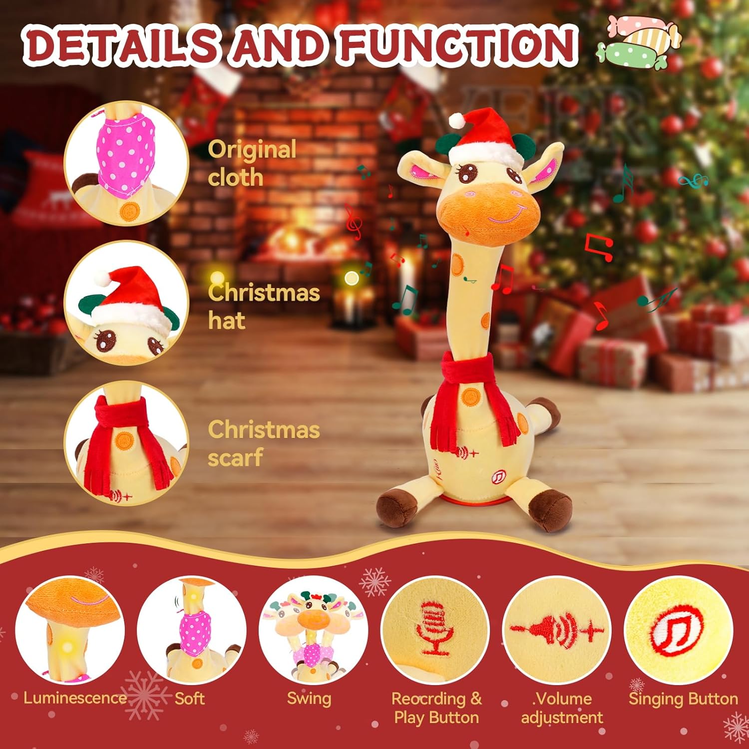 Christmas Dancing Giraffe Toy Stuffed Plush, Cute Interactive Baby Toys - Singing 60 Children Songs, Recording & Repeating, Led Light, Adjustable Volume - Birthday Gift for Toddler, Christmas Giraffe