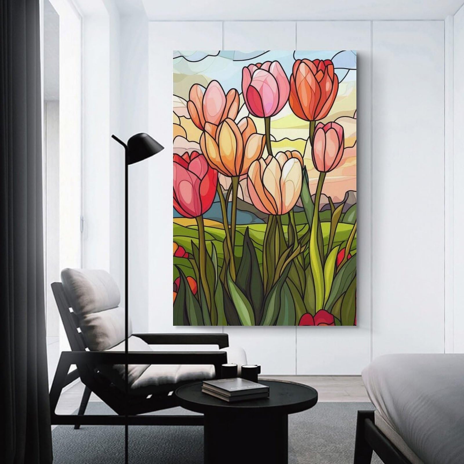 Junmoney Stained Glass Tulips Hanging Wall Art 20x30inch(50x75cm), for New Homes, Bedrooms Or Workspaces, Thoughtful Wall Decor for Art Lovers