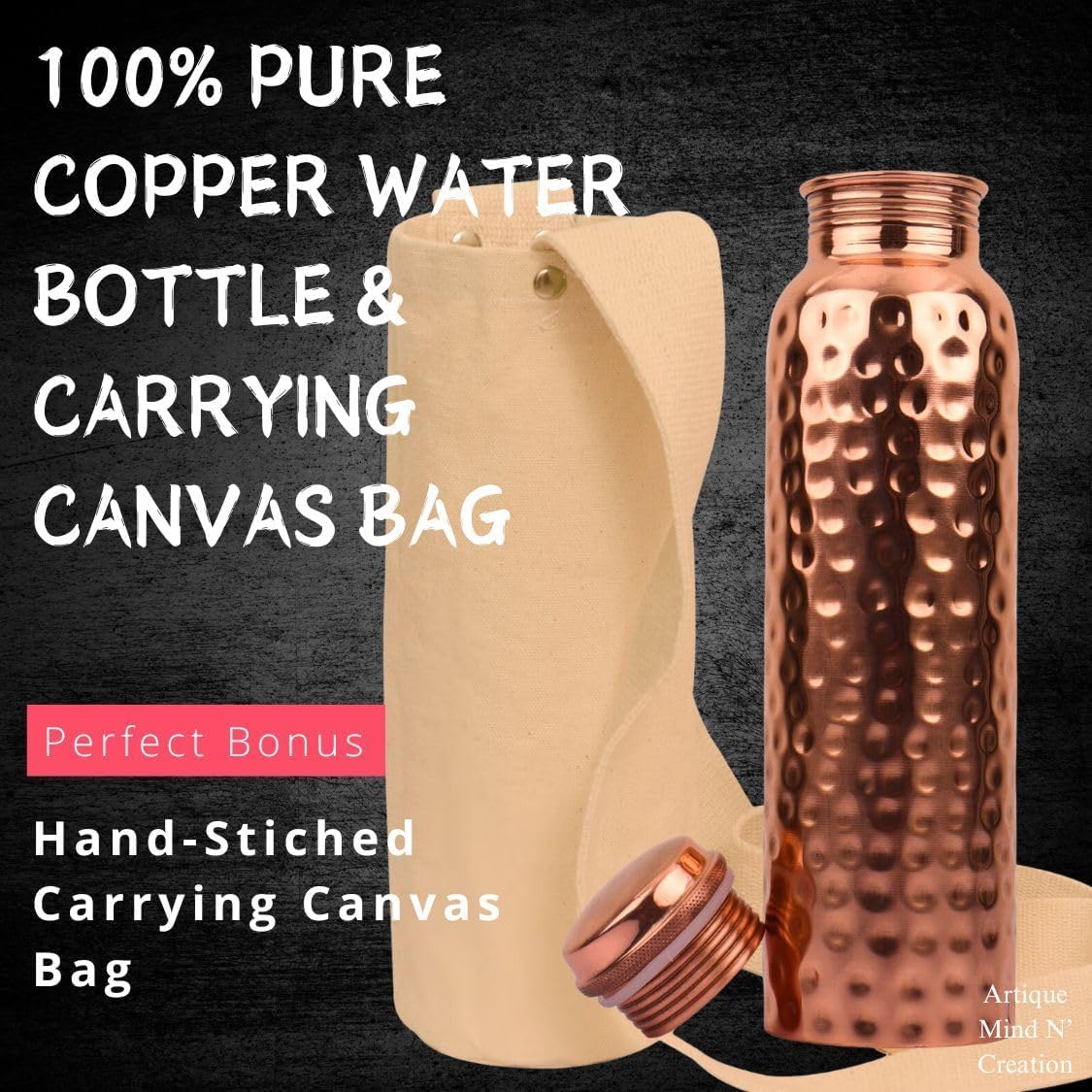 Pure Copper Water Bottle 34 oz (1 Liter), Hammered Ayurvedic Copper Bottle with Leakproof Lid & Protective Carrying Sleeve Strap for Yoga, Travel & Daily Hydration