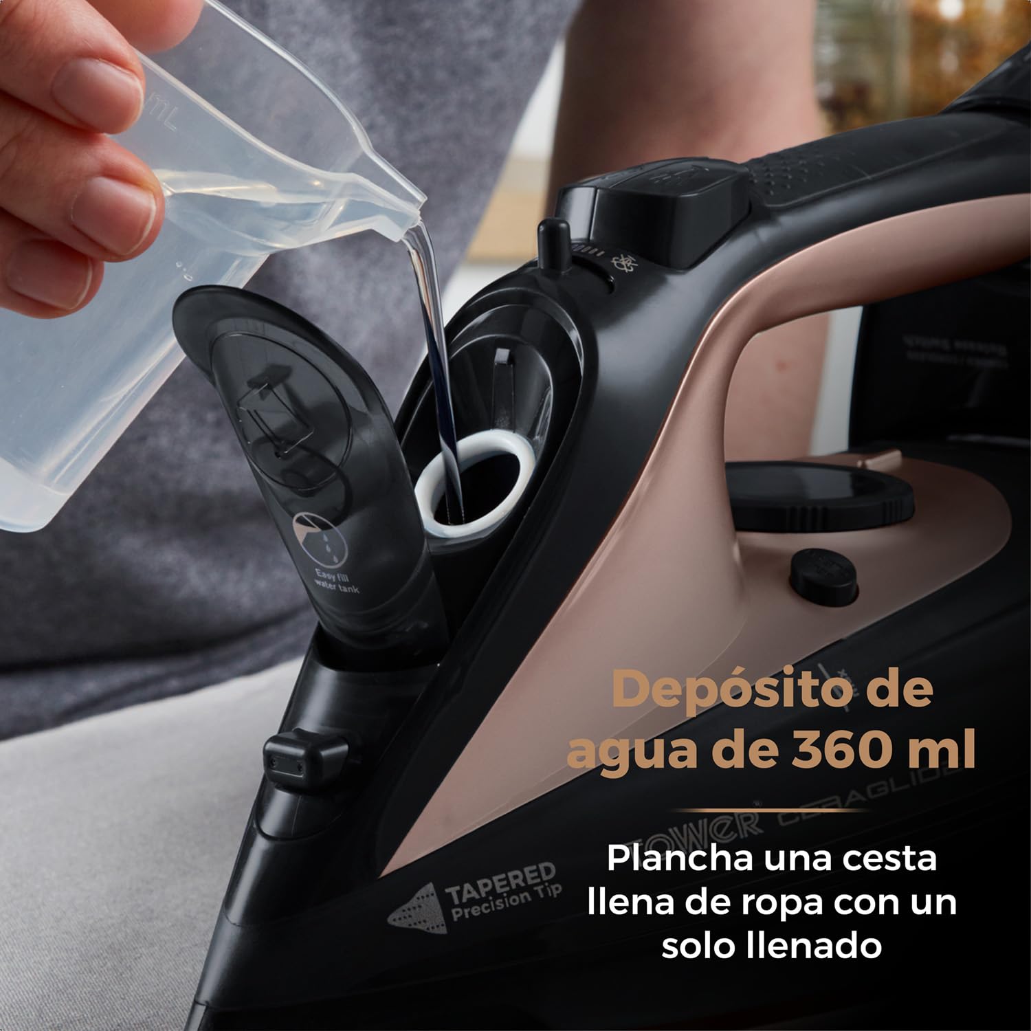 Tower T22008RG Plancha de Ropa Sin Cable – Plancha de Vapor con Suela Cerámica CeraGlide y Función de Vapor Variable, 2400 W – Negro y Oro Rosa
