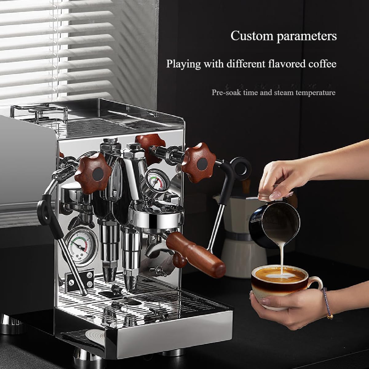 Person preparing coffee with Sweet taize espresso machine, showing custom parameters