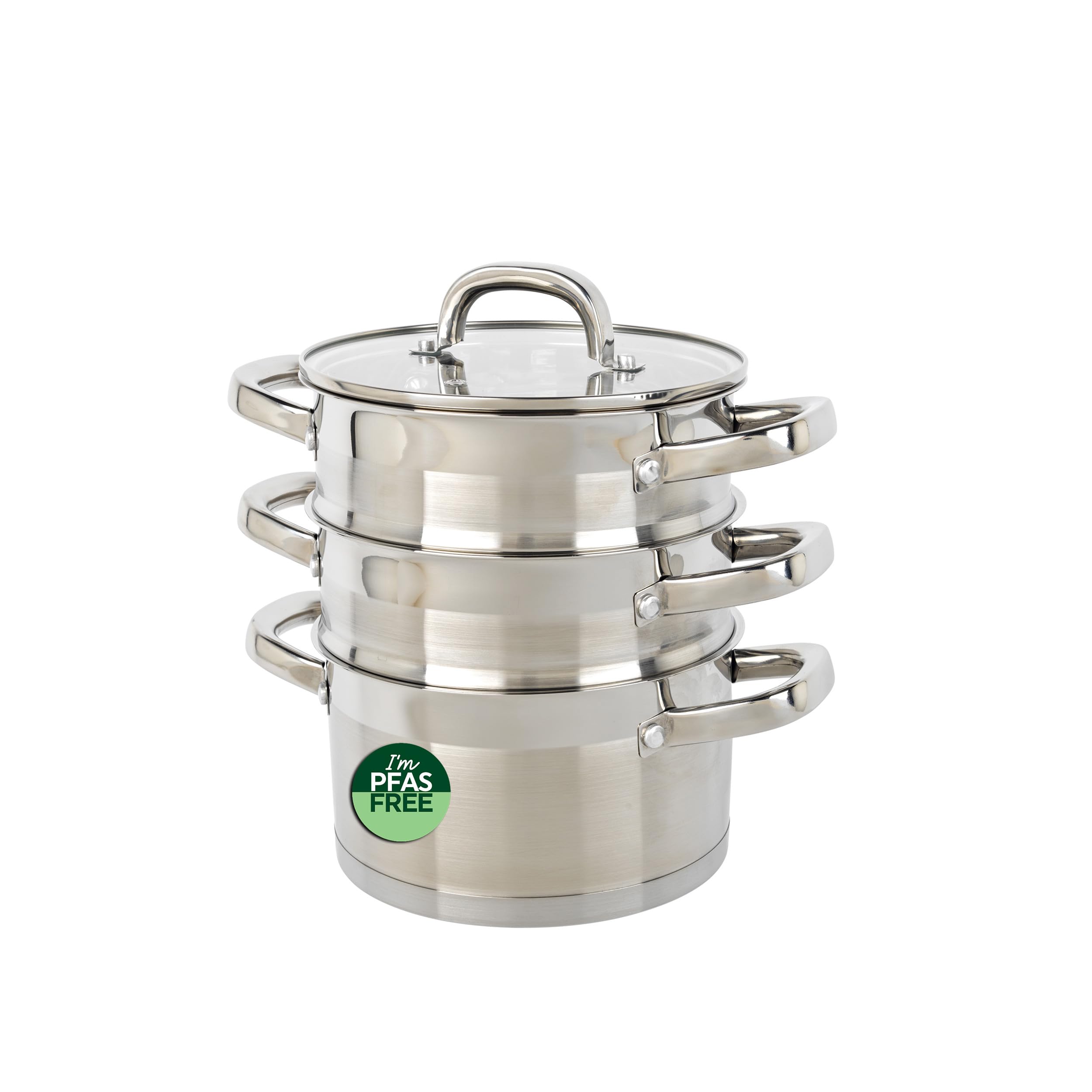 Salter Timeless 3 Tier Steamer – 18cm Stainless Steel Stackable Cooking Pots, Includes Handles & Tempered Glass Lid, Non-Stick, Vegetable Steaming Pans, Induction Hob Suitable, Dishwasher Safe