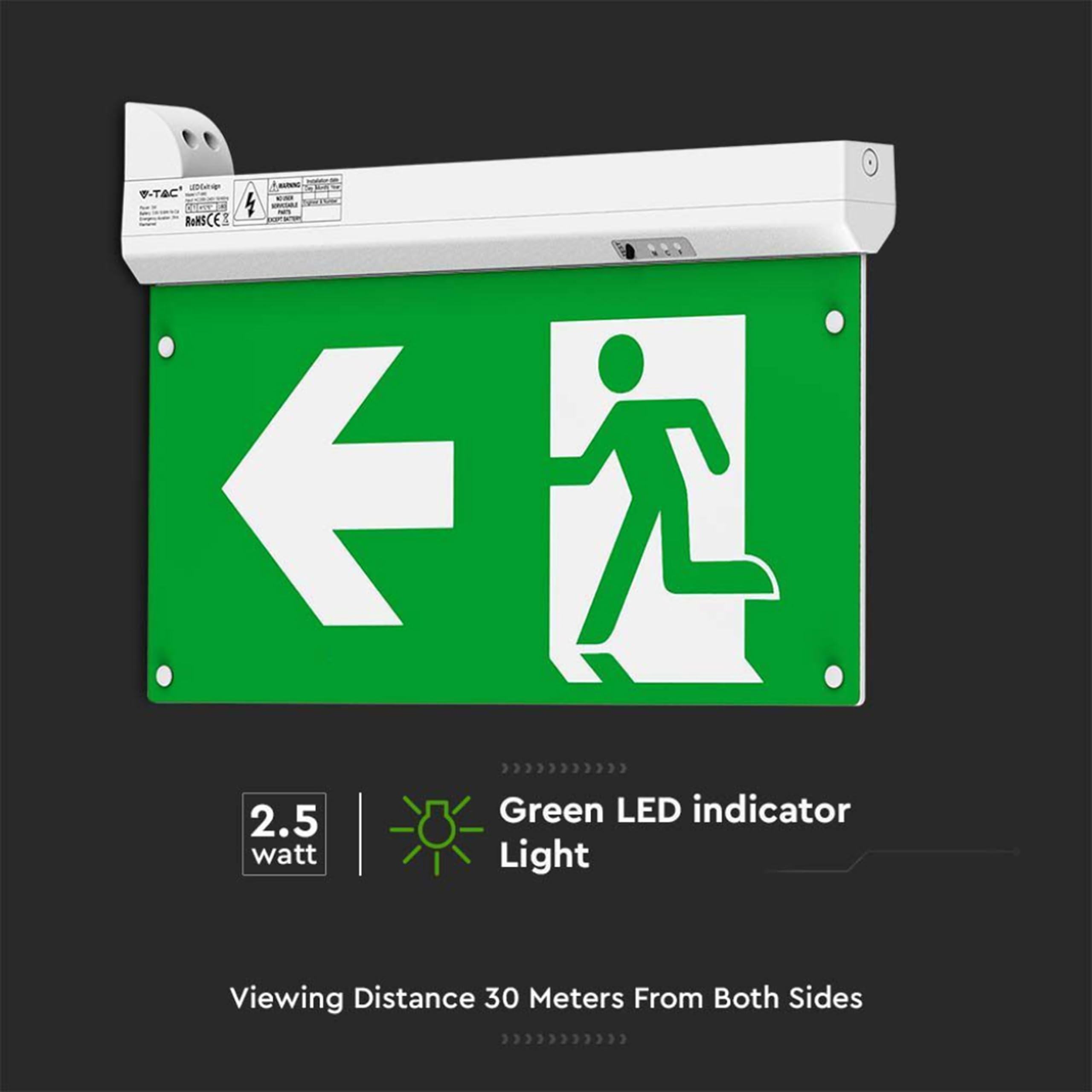 V-TAC Lampada LED Uscita di Emergenza 4 in 1 per Soffitto e Parete - Visibile da 30 Metri - Pulsante di Autotest - Luce LED Uscita di Emergenza e Via di Fuga - Exit - 4 Segnalazioni Incluse - 6000K