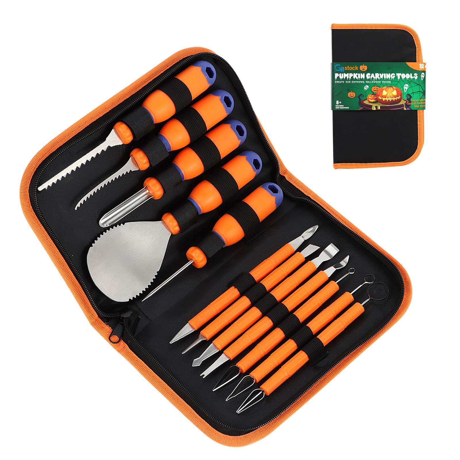 Halloween Pumpkin Carving Kit with Double-side 12 PCS DIY Professional Detail Sculpting Tools for Kids & Adults Family Halloween Decoration, Heavy Duty Stainless Steel Knife Set with Carrying Case