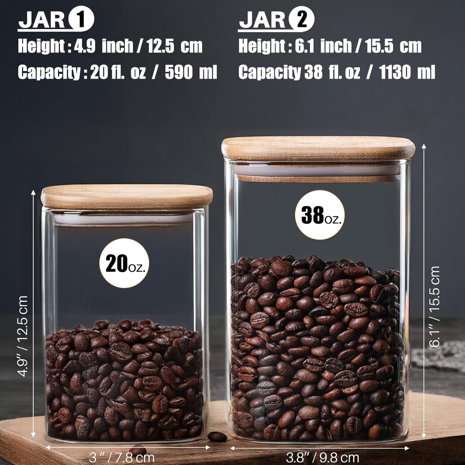 6 Pack Glass Food Storage Jars with Airtight Lids, Clear Glass Jar with Bamboo Lid, Airtight Food Canister for Tea, Candy, Coffee, Sugar, Cookie, Snack. (Square| 5+6 Inch) SET of 3 - Image 2