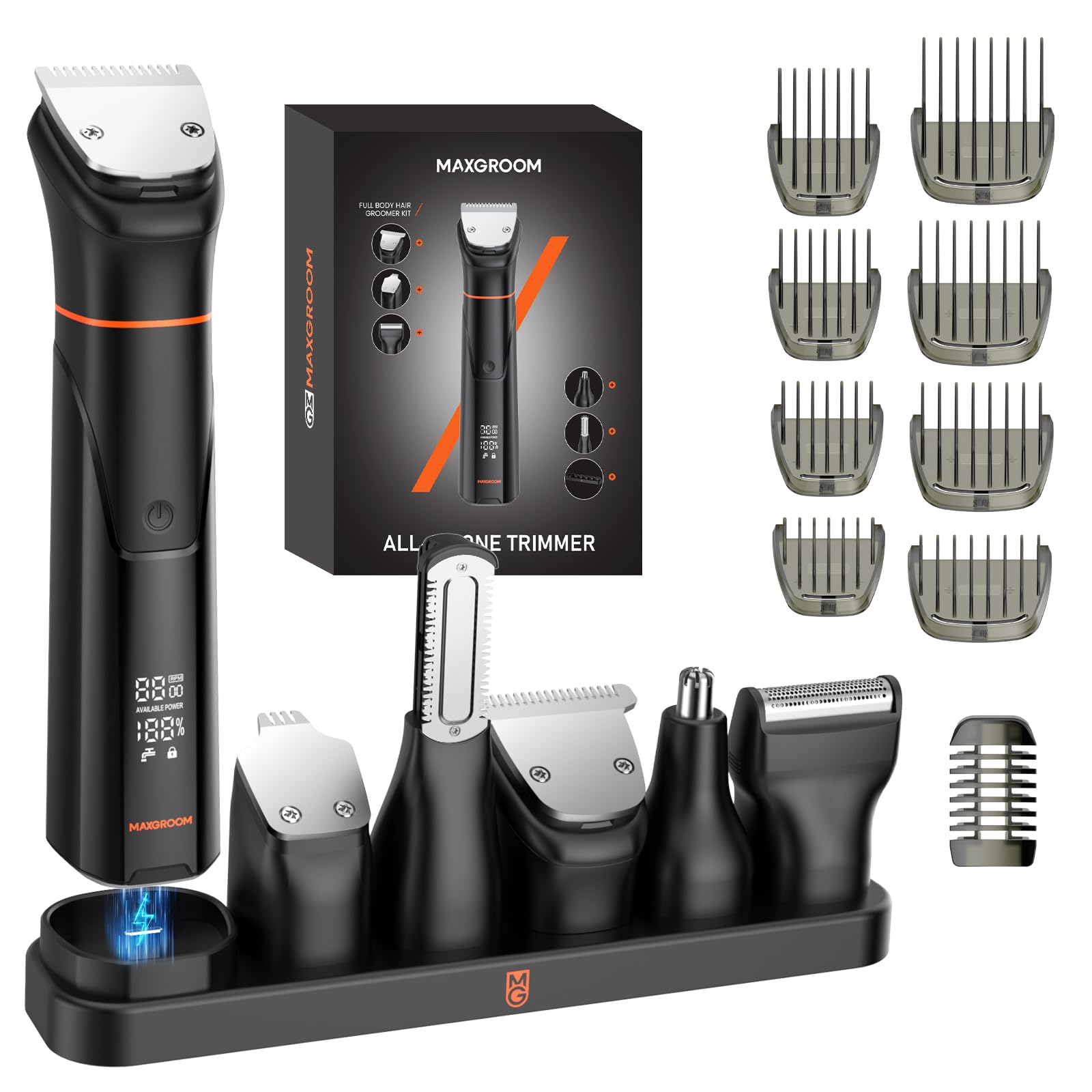 MAXGROOM Regolabarba Uomo 6 in 1, Rasoio Elettrico Barba con Due Velocità 6500/7000 giri/min, 120 Minuti Autonomia, Impermeabile IPX6 Rifinitore Barba con Testina Magnetica, Ricarica USB-C