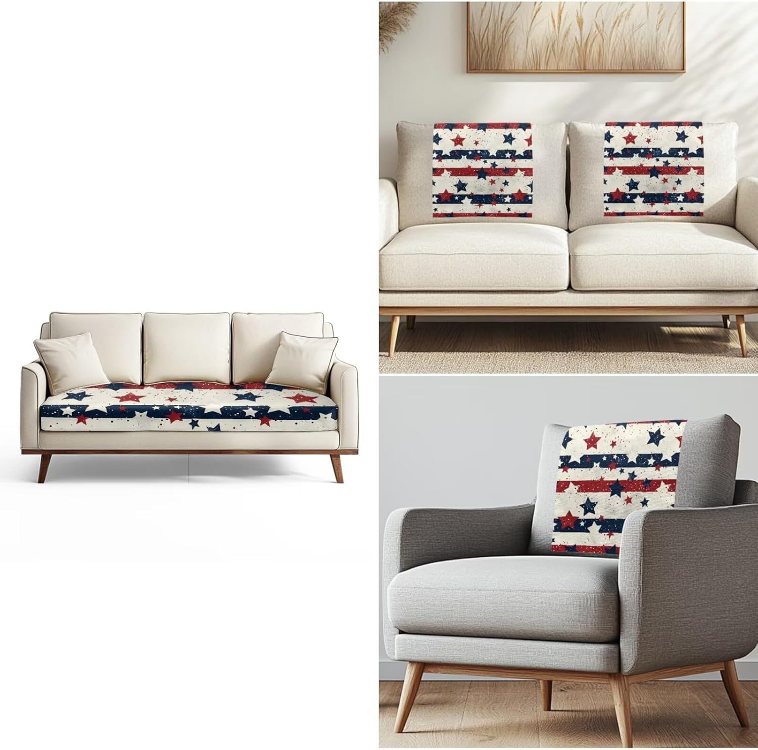 USA Stars Couch Cushion Cover with Recliner Headrest Protector with Fixing Nails Anti Slip Seat Couch Slipcover Sets Furniture Protector (3 Piece Sofa Cushion Covers)