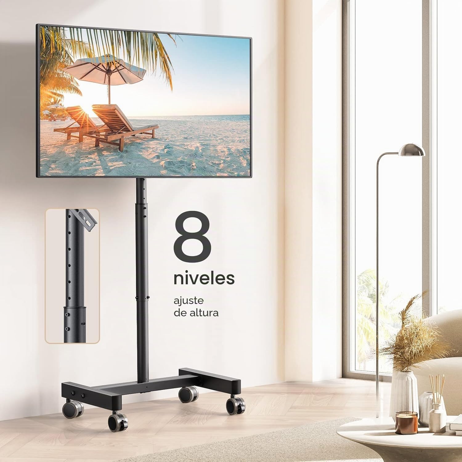 PERLEGEAR Soporte TV con Ruedas para Televisión de 13 a 50 Pulgadas, Pie Móvil con 30° Inclinación, Altura Ajustable en 8 Niveles, VESA máx. 200 x 200 mm hasta 20 kg