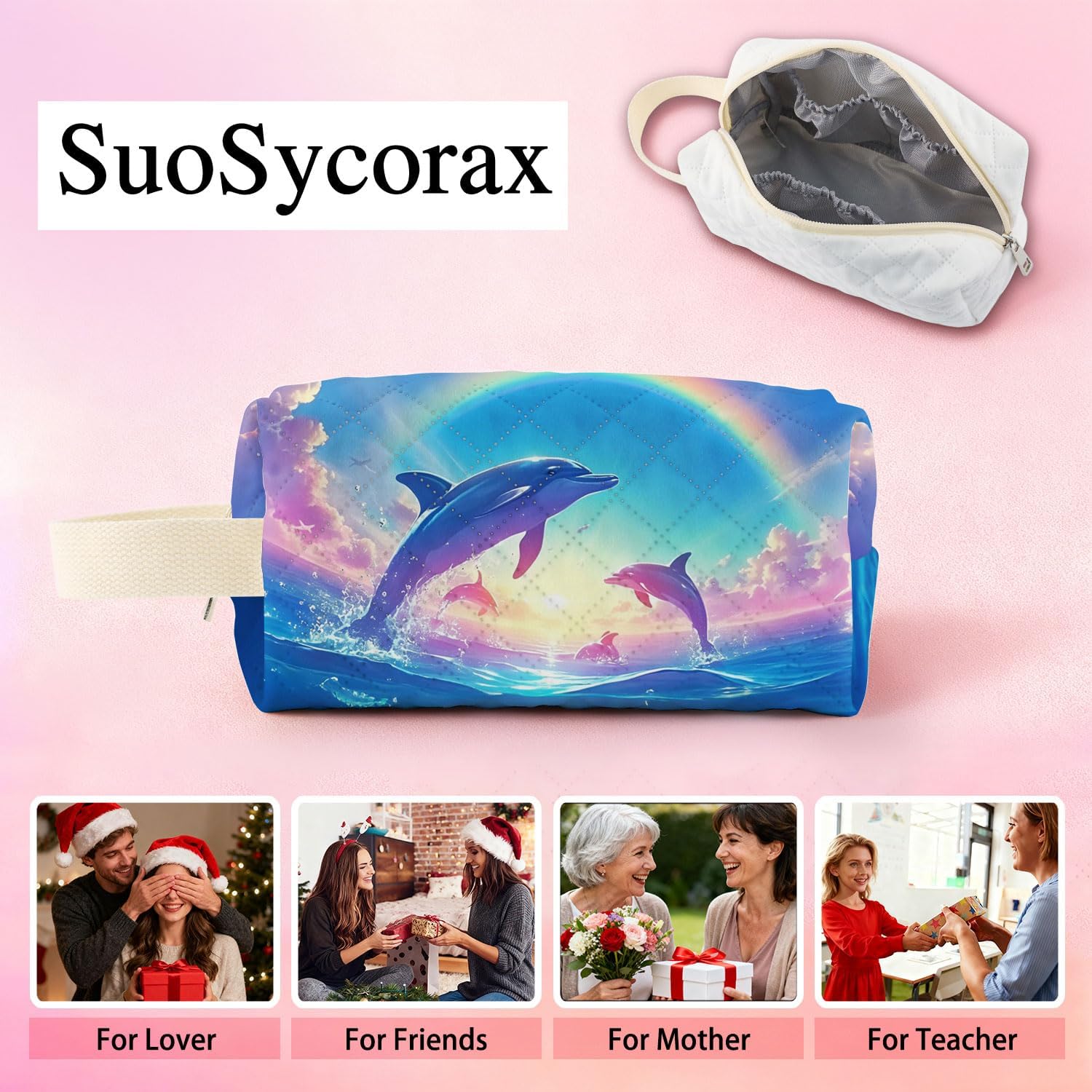 Rainbow Dolphin Printed Quilted Makeup Pouch for Women - Velvety Polyester Cosmetic Organizer w/Triple Compartments, Travel & Makeup Brush Holder - Image 7