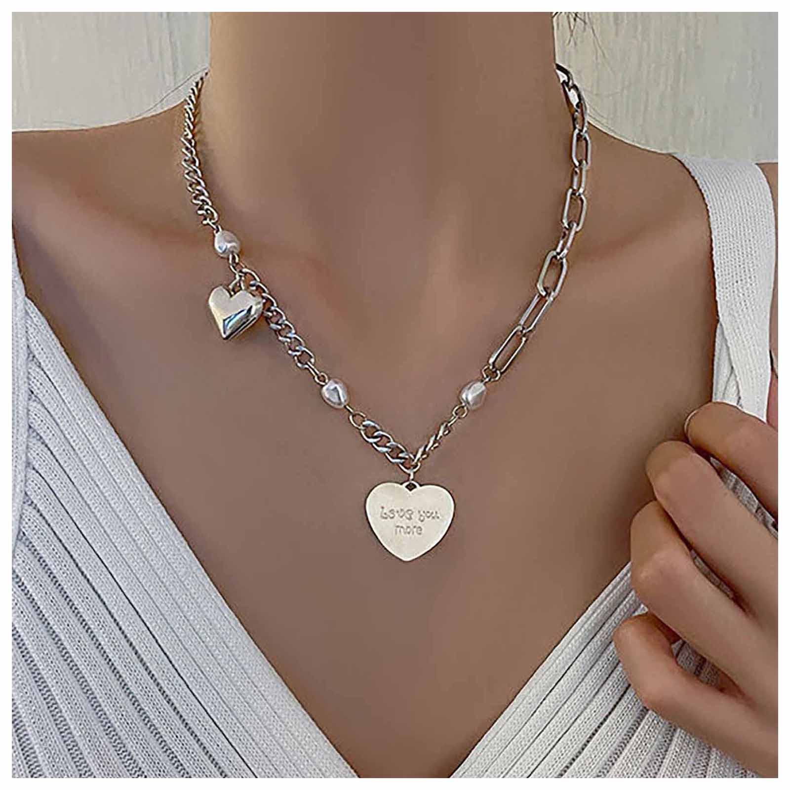 InilbranBoho Letter Heart pearl Choker Necklace Puffy Heart Pearl Pendant Necklace Vintage Heart Paper Clip Chain Necklace Silver pearl Heart Thick Chain Necklace Jewelry for Women and Girls
