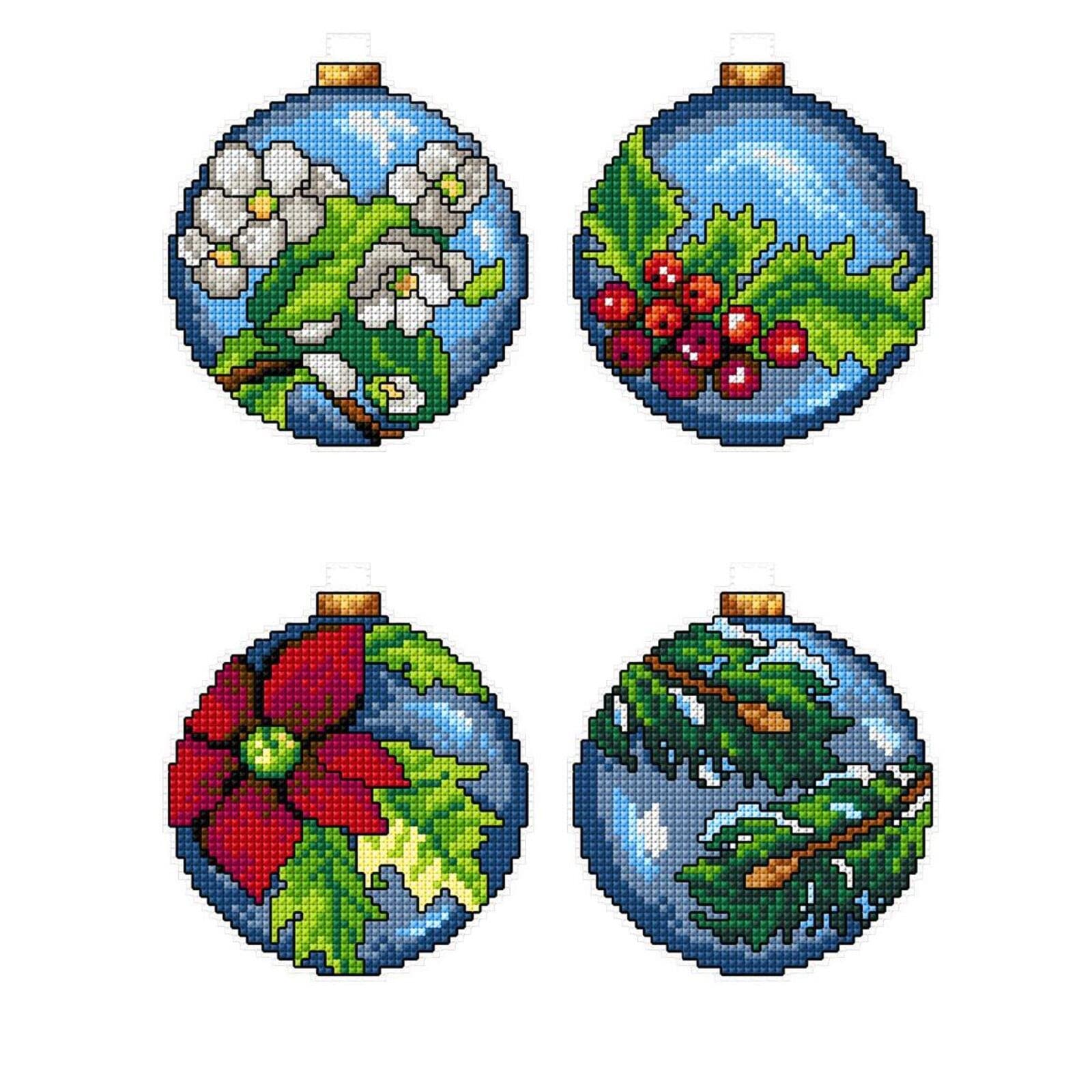 Crafting Spark Kreuzstich-Set auf Kunststoff-Leinwand mit Blumen, 4 weihnachtliche Ornament-Muster, je 9 x 10 cm, 116CS. Ideal für Bastel- und Stickliebhaber