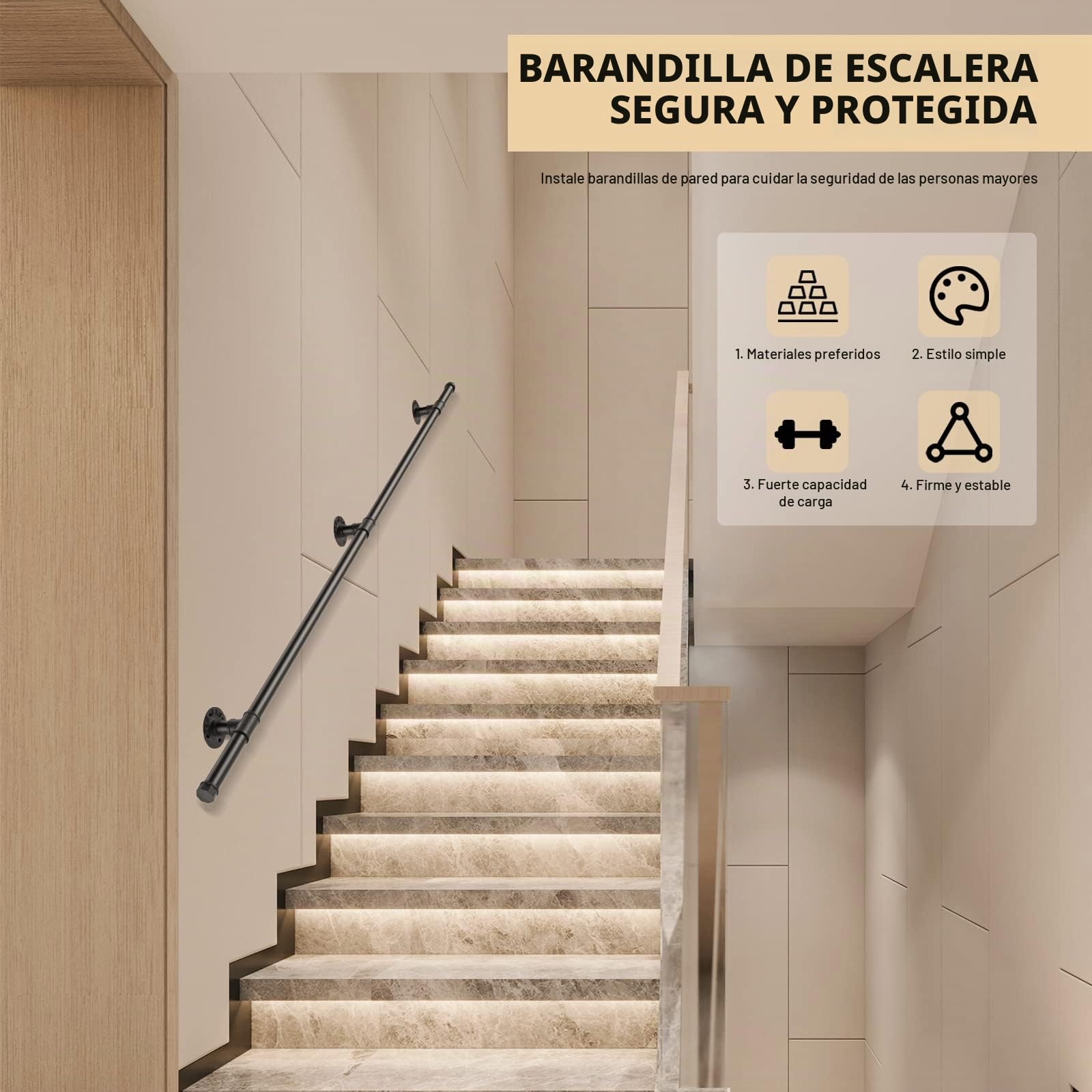 Pasamanos Escalera, Aomdom Pasamanos para Escaleras Interior Exterior Barandilla Escalera Negro con tubo de acero Galvanizado Industrial Antideslizante para Cocina Baño Jardín, 2M