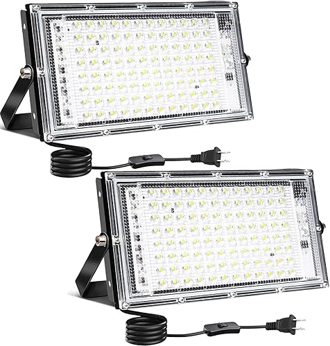 100W LED Outdoor Flood Light, 2 Pack 8000LM Plug in Flood Light Outdoor, IP66 Waterproof Exterior Security Lights, 6500K Daylight White Super Bright