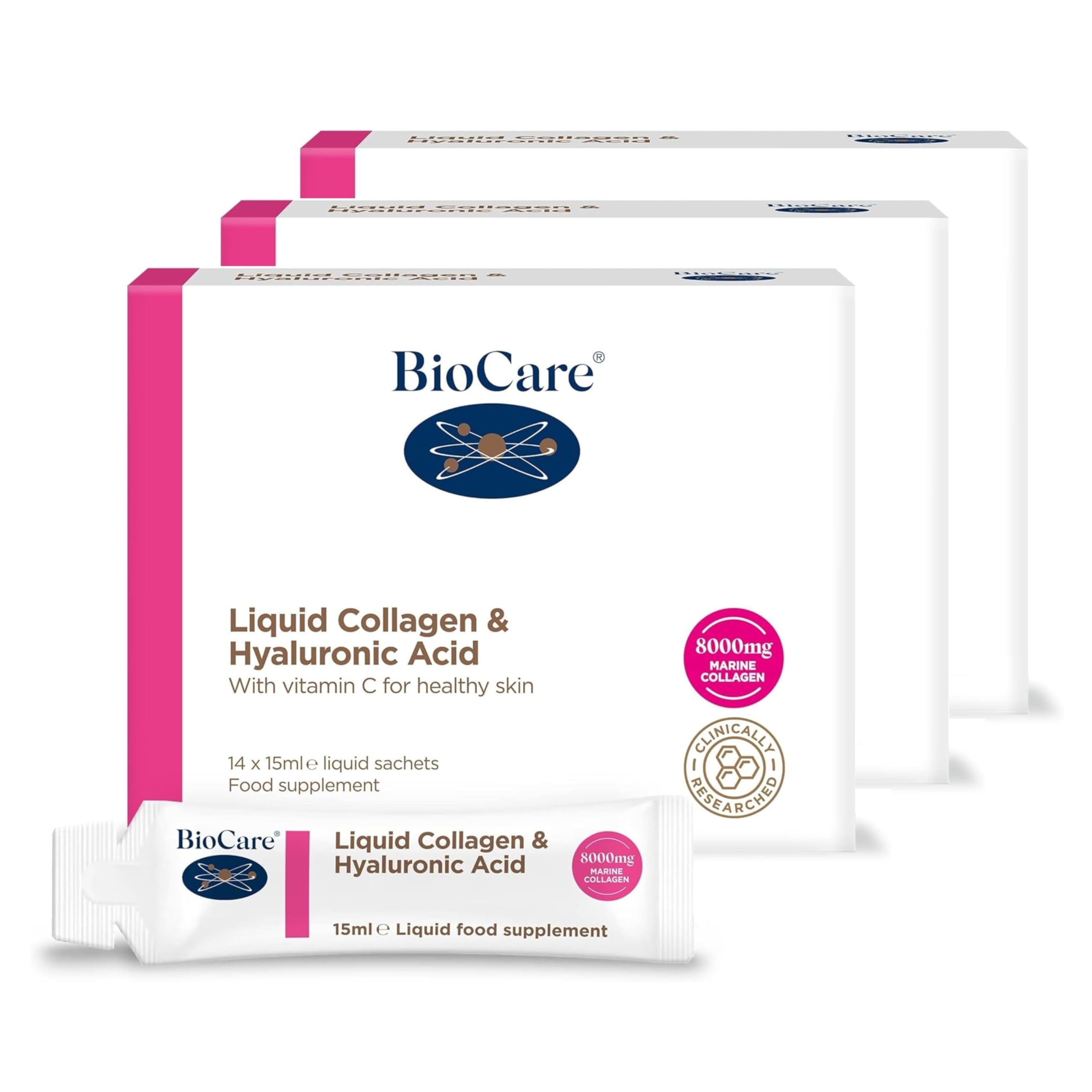 BIOCARELiquid Collagen & Hyaluronic Acid - 8000mg of Hydrolysed Marine Collagen - Mango & Orange Flavour, 3-Pack (42 x 15 ml sachets)