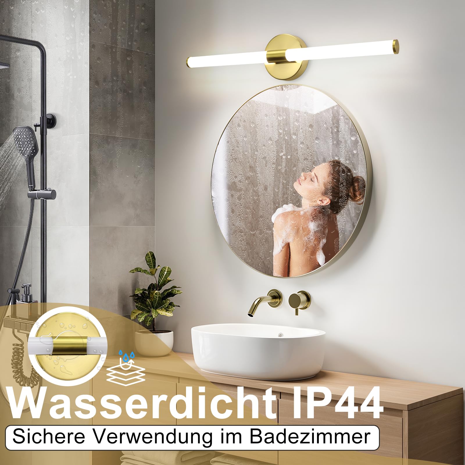 Homefire LED Spiegelleuchte Bad 60CM - Spiegellampe Badezimmer Gold Badleuchte Wand 8W Wasserdicht IP44 Wandlampe Modern Neutralweiß 4000K Wandleuchte für Badschrank Küche Flur