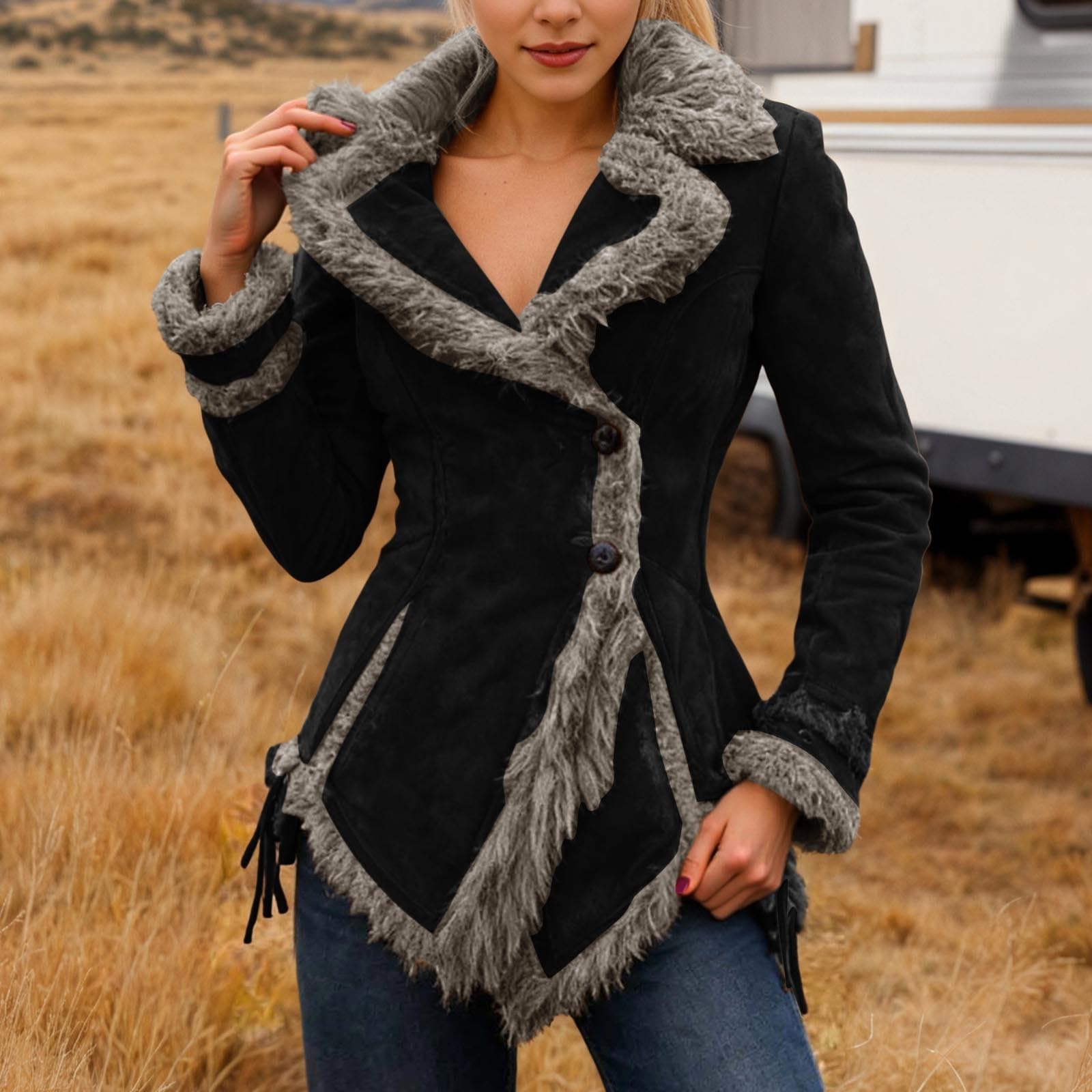 Abrigo Largo Bohemio Desgastado de Talla Grande para Temporada Otoño Invierno con Detalles de Cuello Simulado y Diseño de Moda