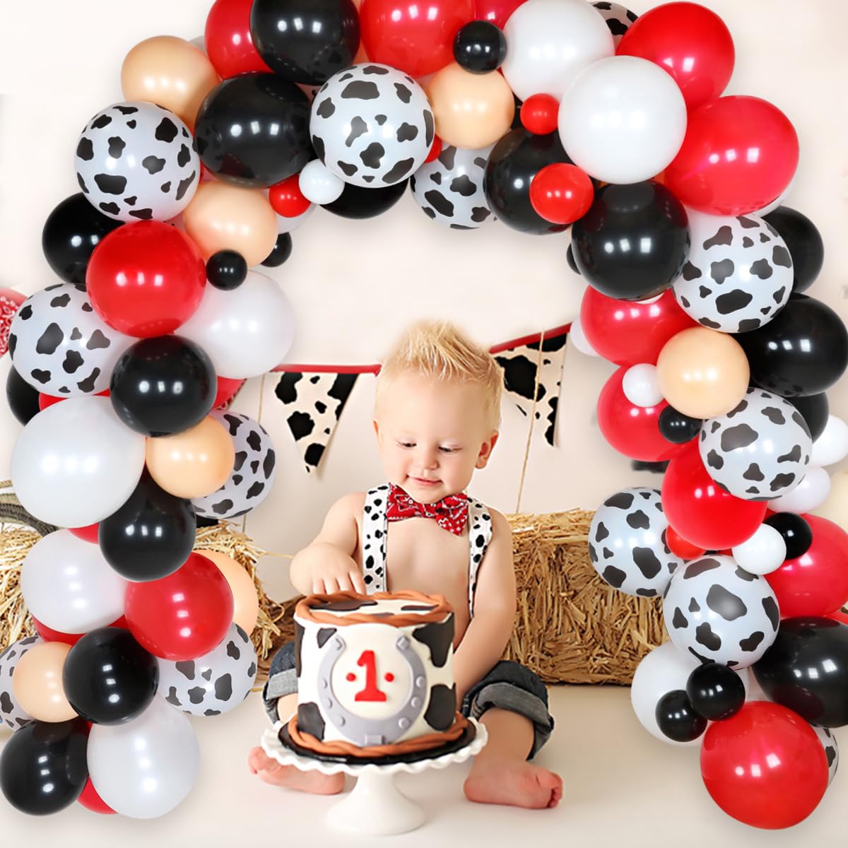 Farm Animal Theme Party Balloon Garland Arch Kit Cow Party Supplies 99 Pack White Black Red Balloons for Kid's Birthday Party Baby Shower