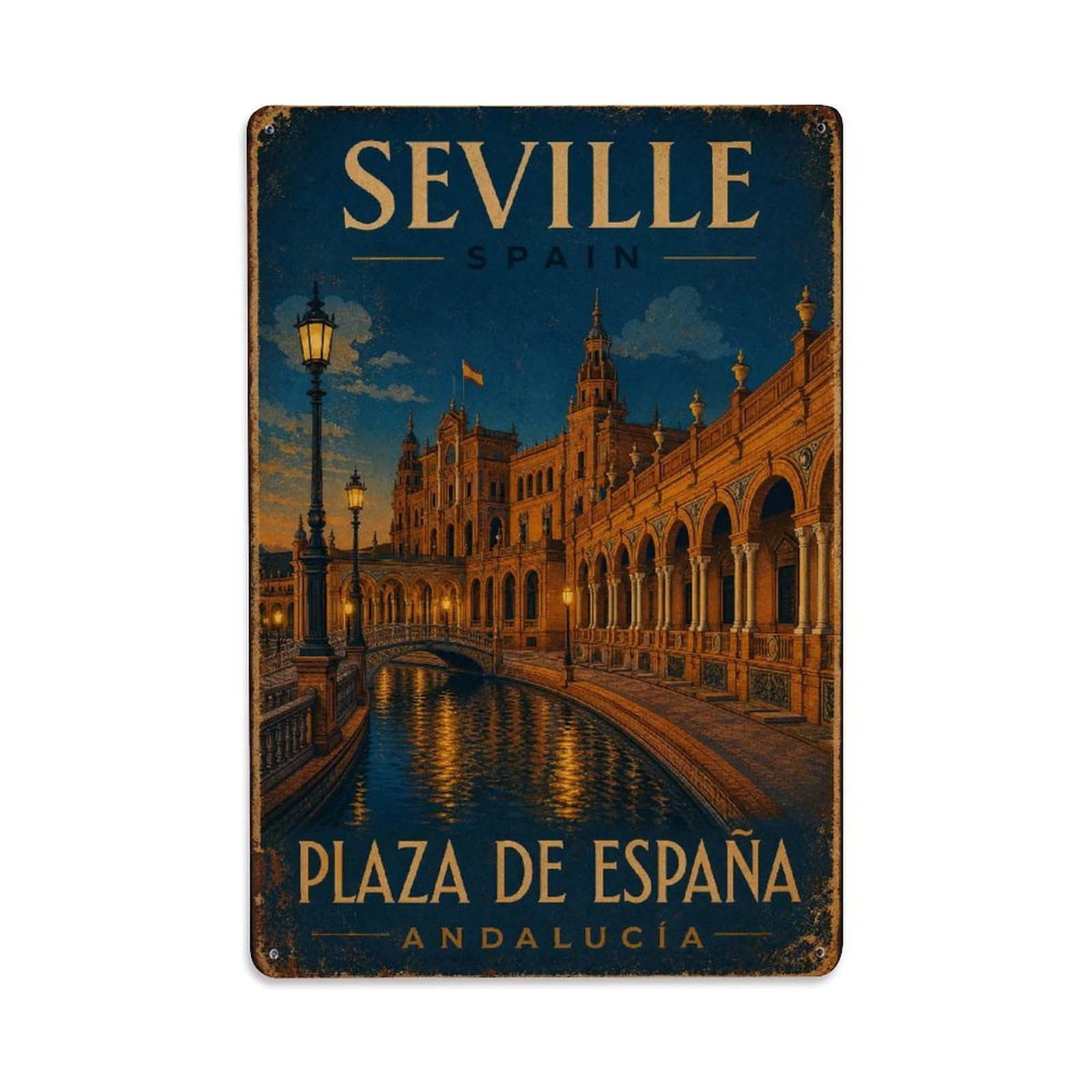 Vintage Plaza Espana Evening Lights Illumination Spain Metal Tin Sign