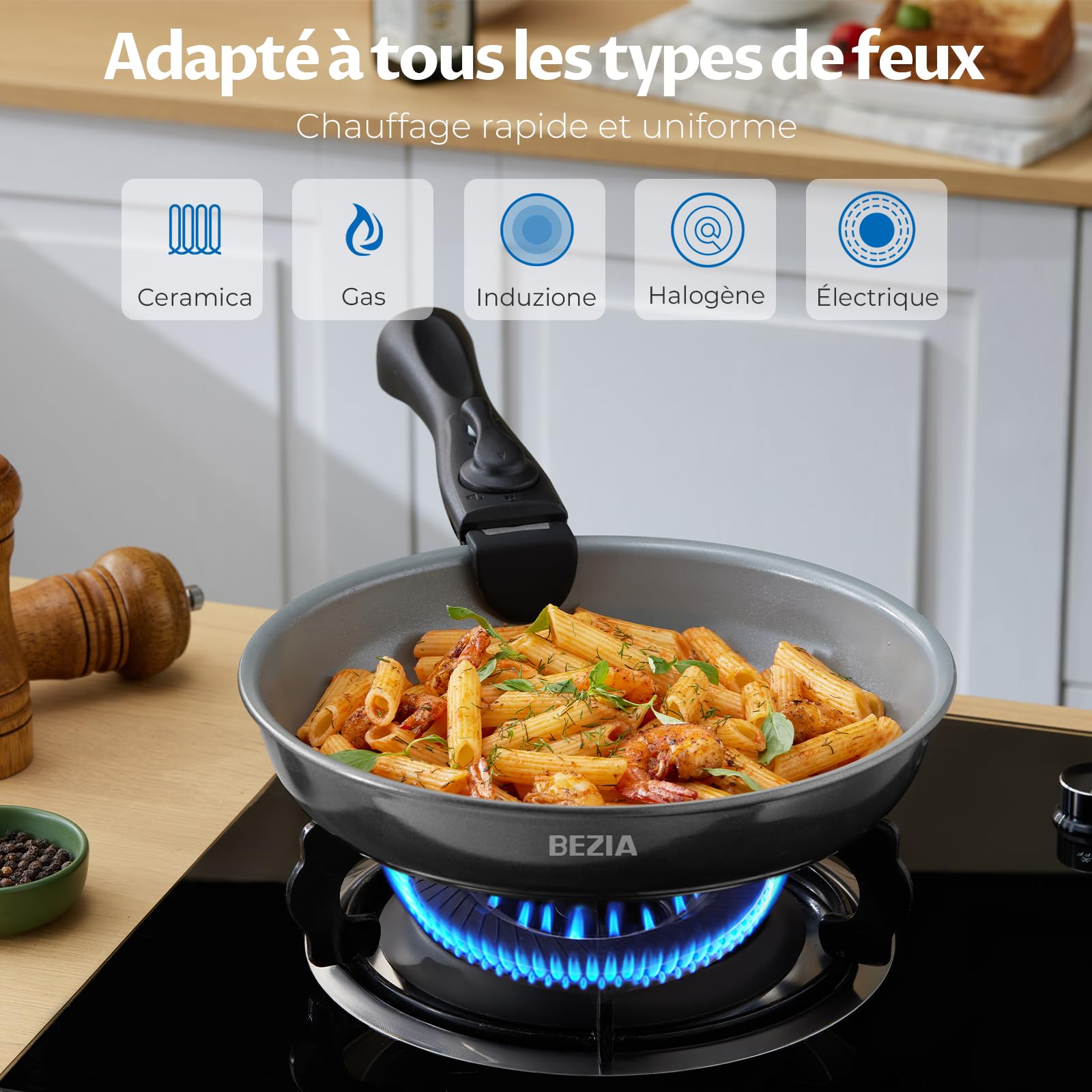 BEZIA Poêle en céramique avec poignée amovible – Set de 9 casseroles à induction antiadhésives avec couvercle, pour tous les types de cuisinières, casseroles empilables, passent au four et au