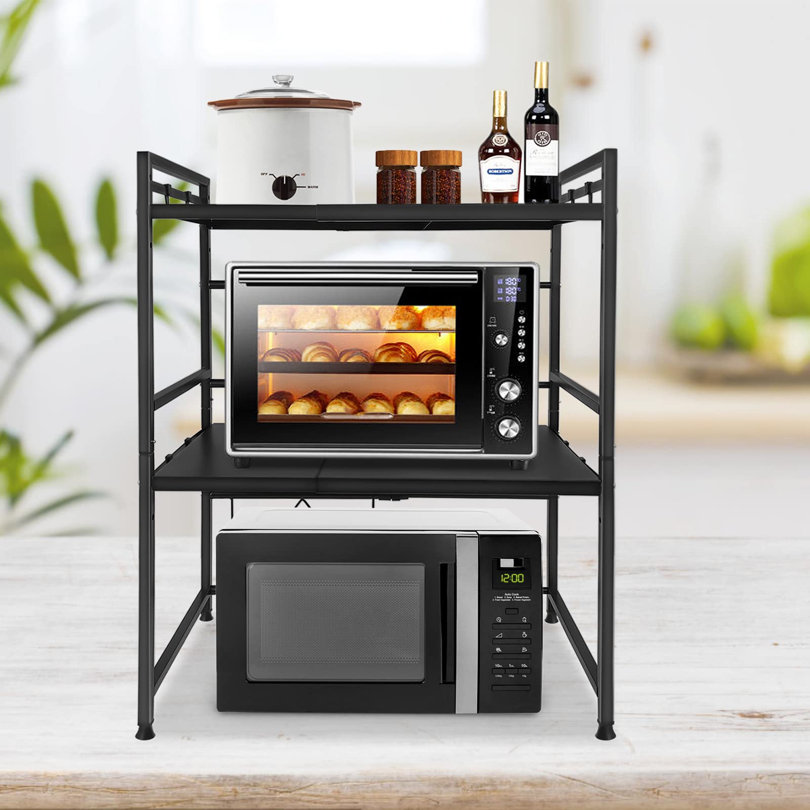 YRHome Erweiterbares Mikrowellen Regal 3-stufiges Mikrowellenständer Mikrowellenhalter Schwarz mit 8 Haken zum Aufhängen Organizer Bäckerregale Mikrowellenregalständer Küchenarbeitsplatten für Küche