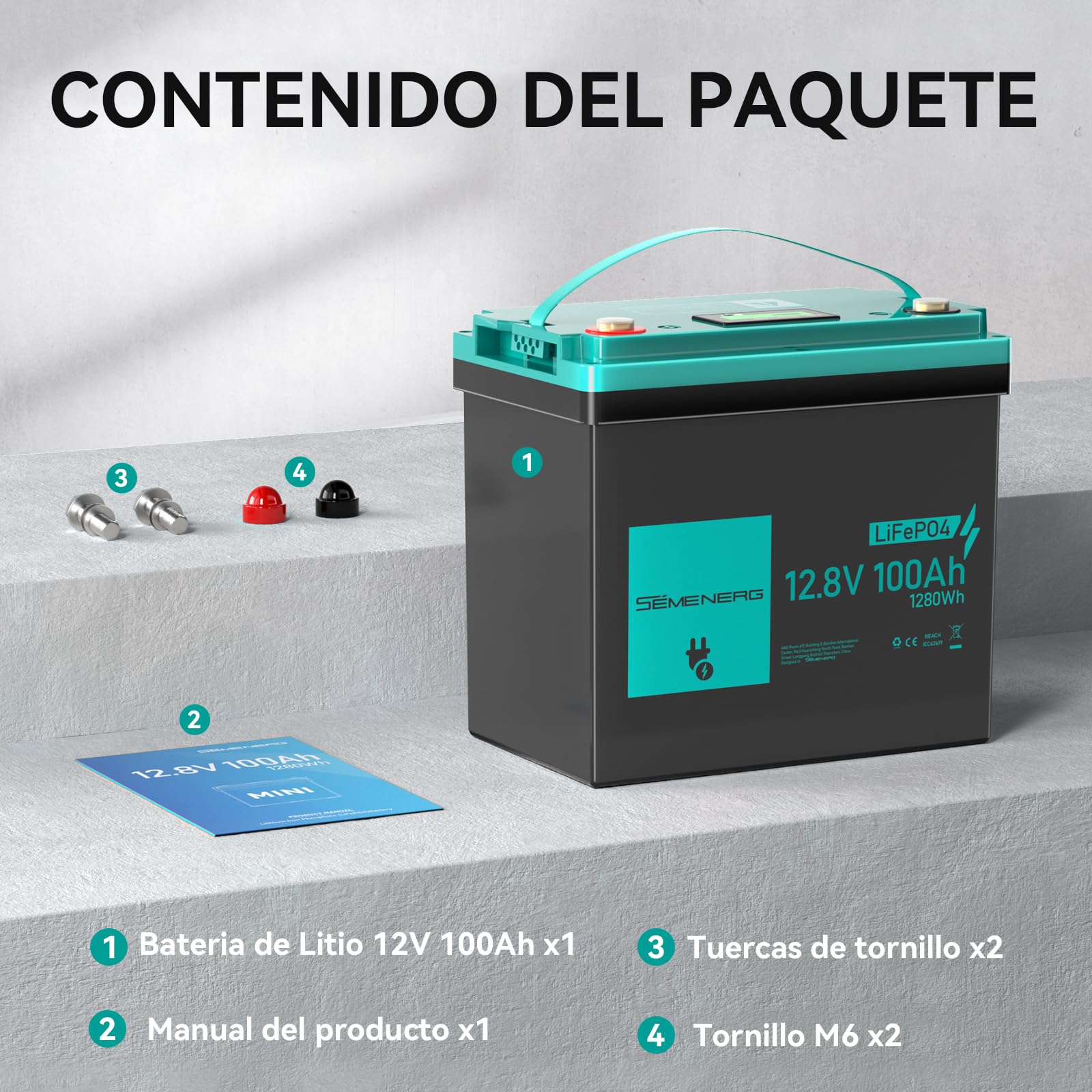 Bateria Litio LiFePO4 Mini 12V 100Ah con LED, 100A BMS Inteligentes y Máx.15000 Ciclos, Batería Ciclo Profundo de 12 V 1280 WH Recargable para Autocaravanas, Sistemas Solares, Camping