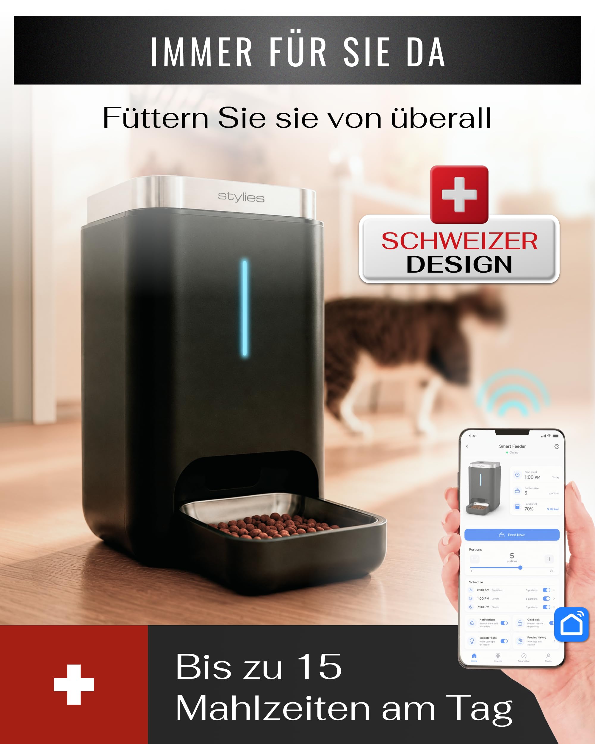 Futterautomat Katze 4,5L mit WiFi & App, Katzenfutter Automat für Trockenfutter, Edelstahlnapf, bis 10 Mahlzeiten/Tag, Futterspender für Katze & Hund – Anthrazit