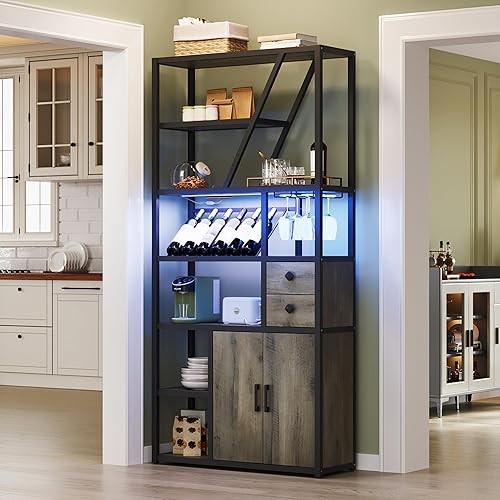 Miniatura 9 de GarveeHome Gabinete de bar de vinos con luces LED, estación alta de barra de café con tomas de corriente y estante de vino, soporte de microondas de