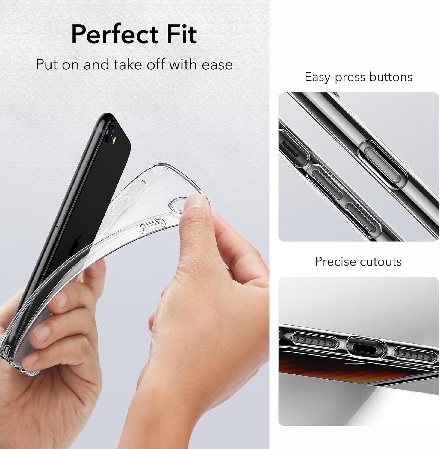 Images demonstrating how to easily put on and take off the case, along with close-ups of easy-press buttons and precise cutouts.