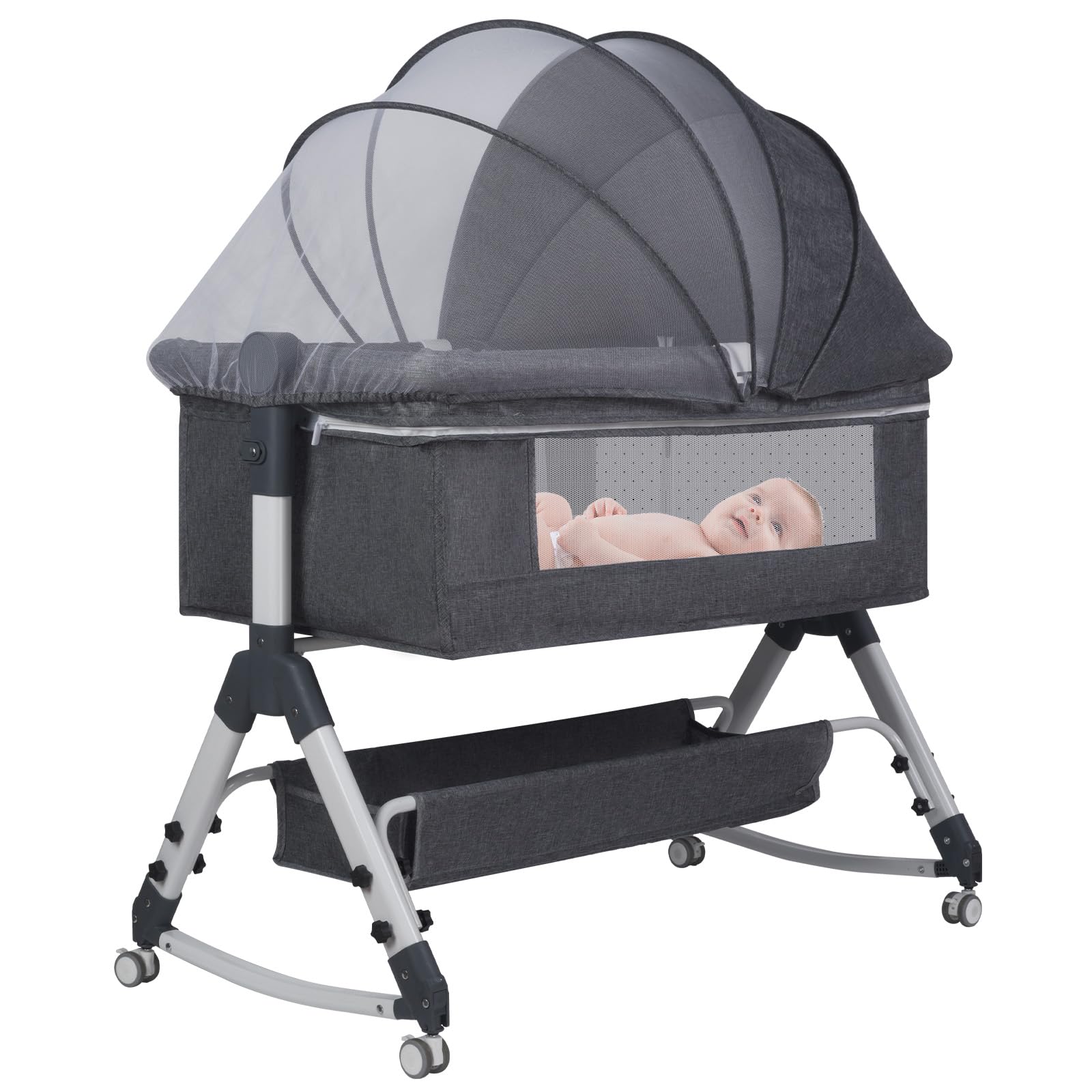 Lit Cododo Bébé Berceau Pliable et Réglable, 0-24Mois, 3 Hauteurs, Matelas Confort, Côtés en Filet, 4 Roues, Facile à Transporter (Gris foncé)