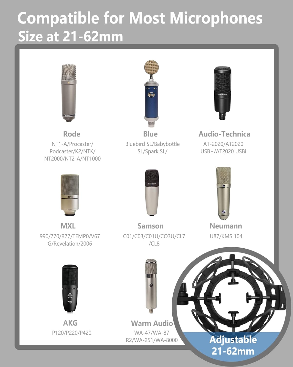 Microphone Shock Mount with Pop Filter Universal Shock Stand for Microphones Size at 21-62mm Anti-Vibration Mic Holder Clip Compatible with AT2020 MXL 990 770 Rode NT1-A Neumann 103(Black)