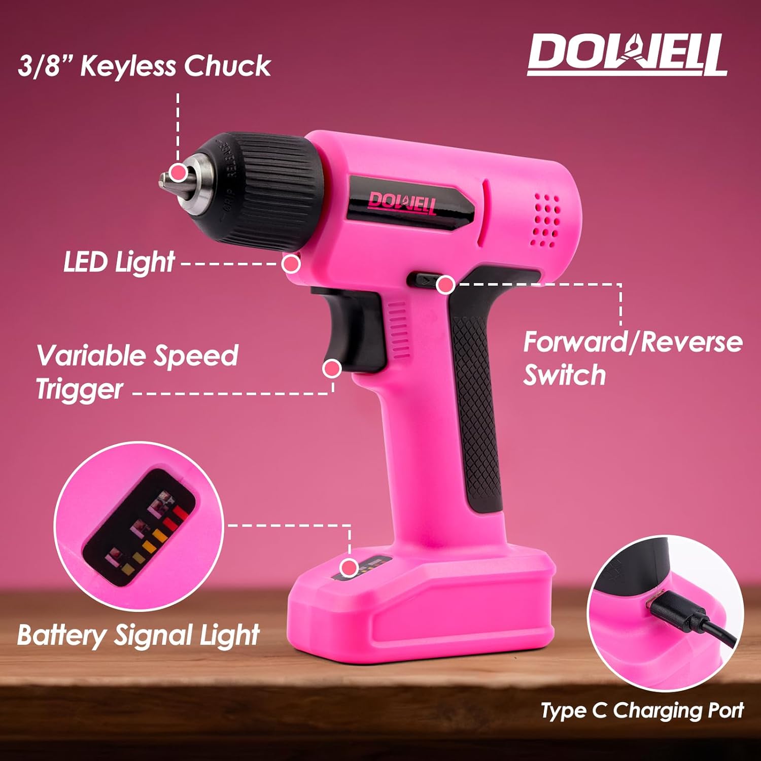 DOWELL 8V Cordless Drill Tool Set 58 PCS, Built-in LED, Variable Speed, Type-C Charge Cable, Blow Molded Case, for DIY, Home Maintenance & Light Drilling, Pink