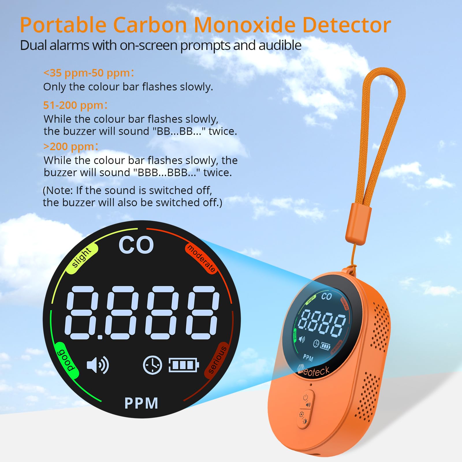 Neoteck Mini Detector de CO 1s Refresh Detector de Monóxido de Carbono con Alarma de Zumbador y Cordón, 700mAh Batería Recargable Incorporada para Camping, Caravaning, Hogar, Coche, etc.