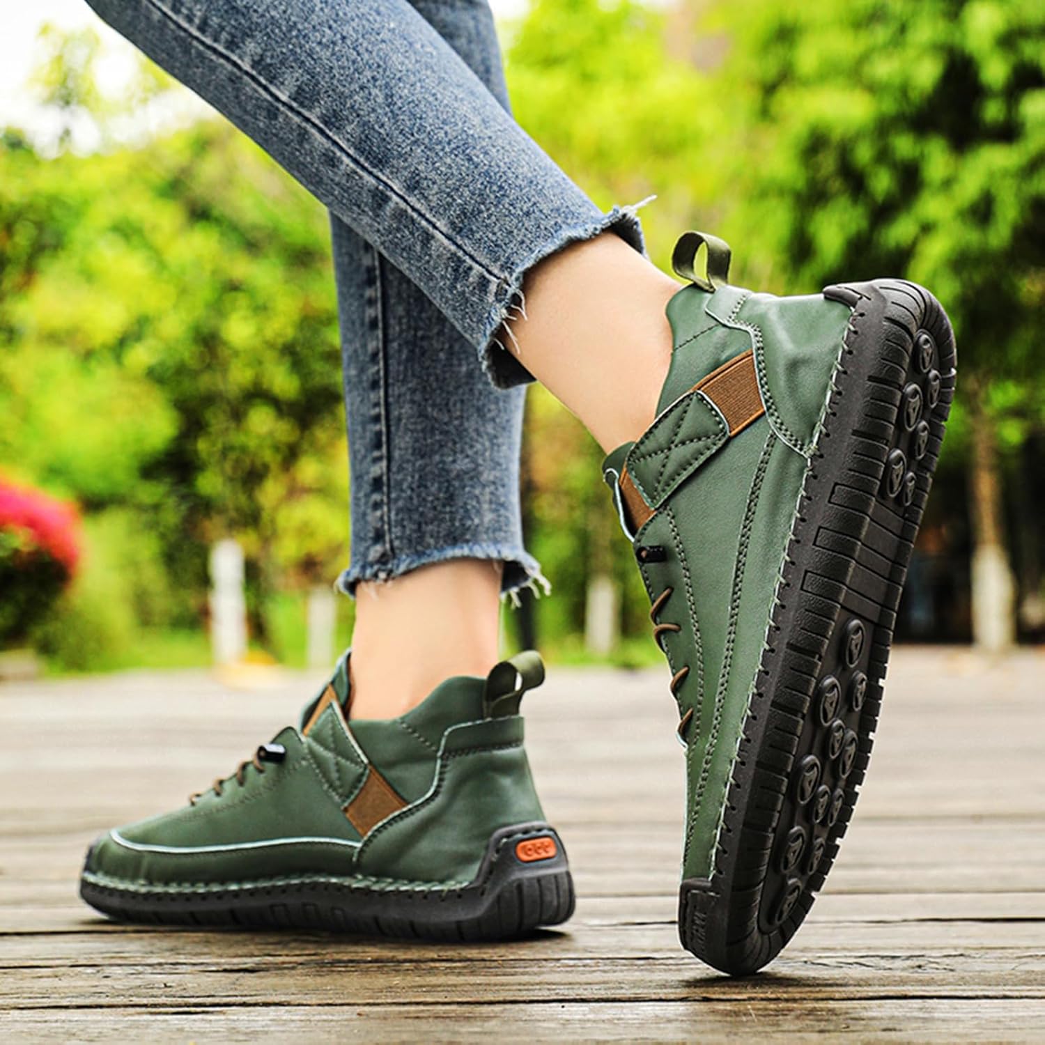 WENOREG Women's Hand-stitched Chukka Ankle Boots Retro Elastic Lace Up Mid top Sneakers Casual Comfort Slip-On Outdoor Flat Walking Driving Shoes - Image 3