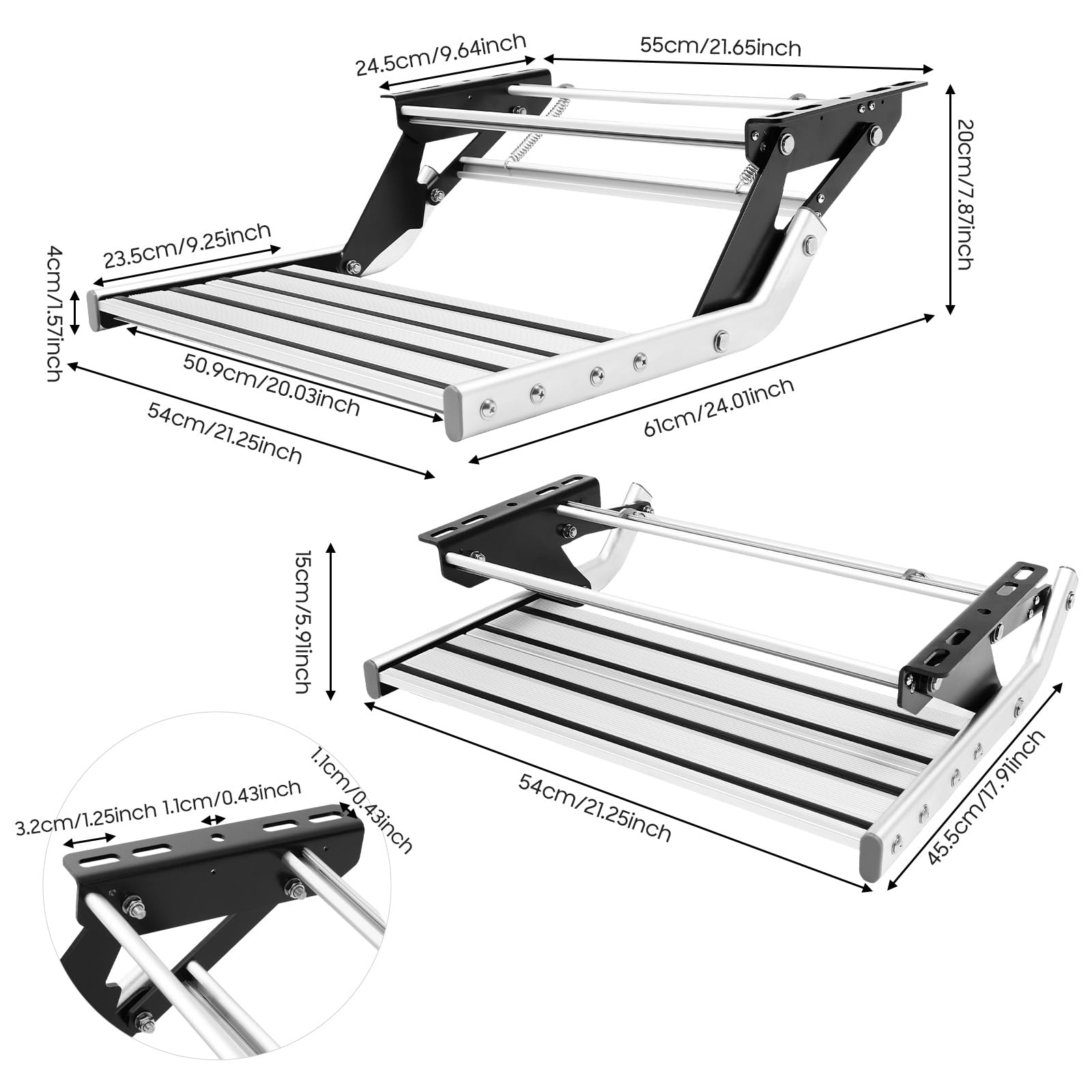 Peldaños de aluminio para autocaravana con tiras antideslizantes, escalones manuales para montaje en autocaravanas, con una capacidad de carga de 150 kg, peldaños plegables