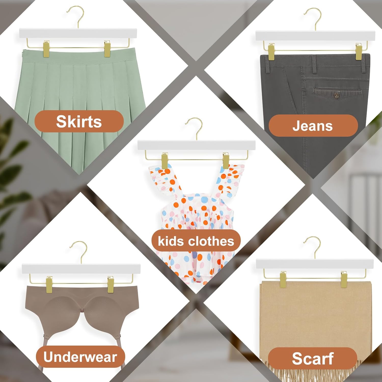 TOPIA HANGER White Wooden Pants Hangers with Gold Clip, 20 Pack Skirt Short Trousers Jeans Slacks Hangers with 360 Swivel Hook and Adjustable Clip with Rubber Padded for Closet, CT50WG20