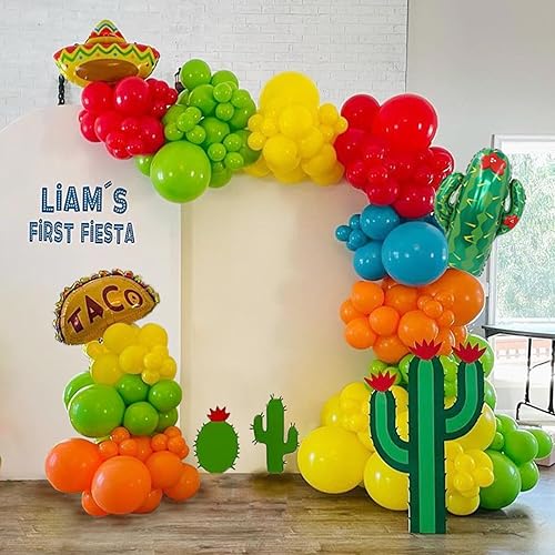 Kit de arco de globos de fiesta mexicana, 153 piezas, decoraciones de fiesta de arco iris con cactus Taco, sombrero, kit de guirnalda de globos para