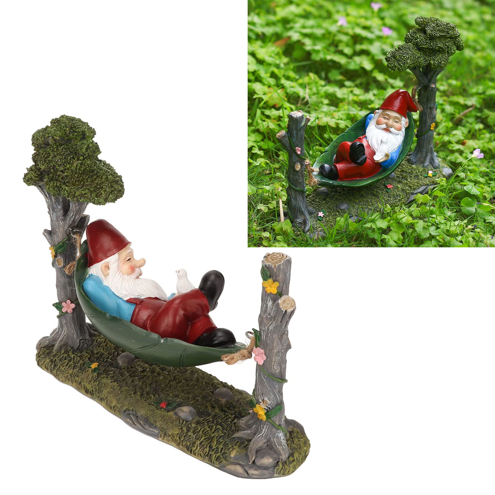 Gnomos Decoraciones Patio, 7.3 X 3.1 X 9.4 Pulgadas Estatuas Gnomo Hamaca Resina Pintadas Mano, Decoración Jardín al Aire Libre para el Hogar, Césped, Patio