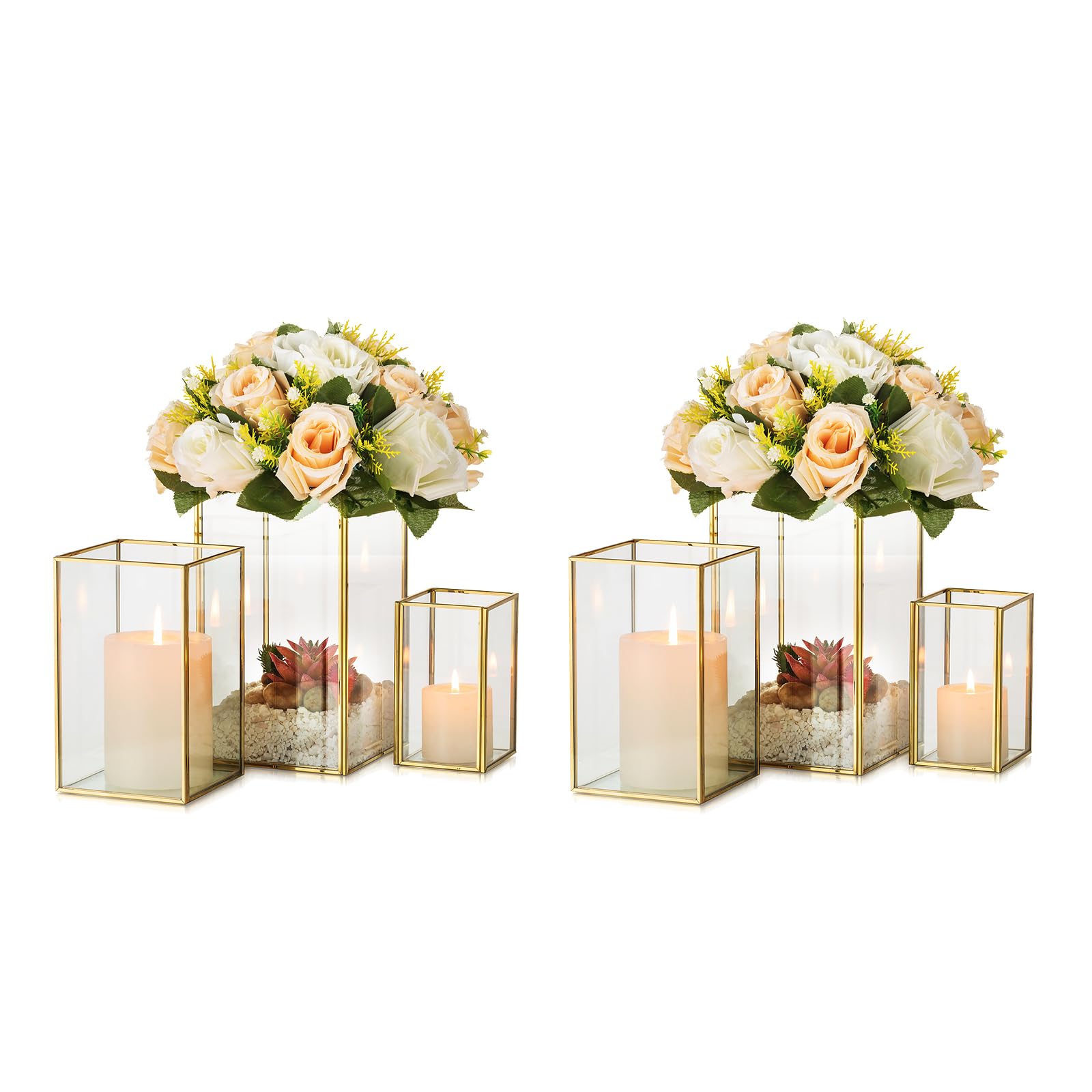 Photo 1 of Glass Hurricane Candle Holder Large - Hewory 6pcs Gold Rectangle Flower Holders Centerpiece for Table, Tall Floor Square Pillar Candle Lantern for Wedding, Anniversary, Party, Fireplace, Dining Room