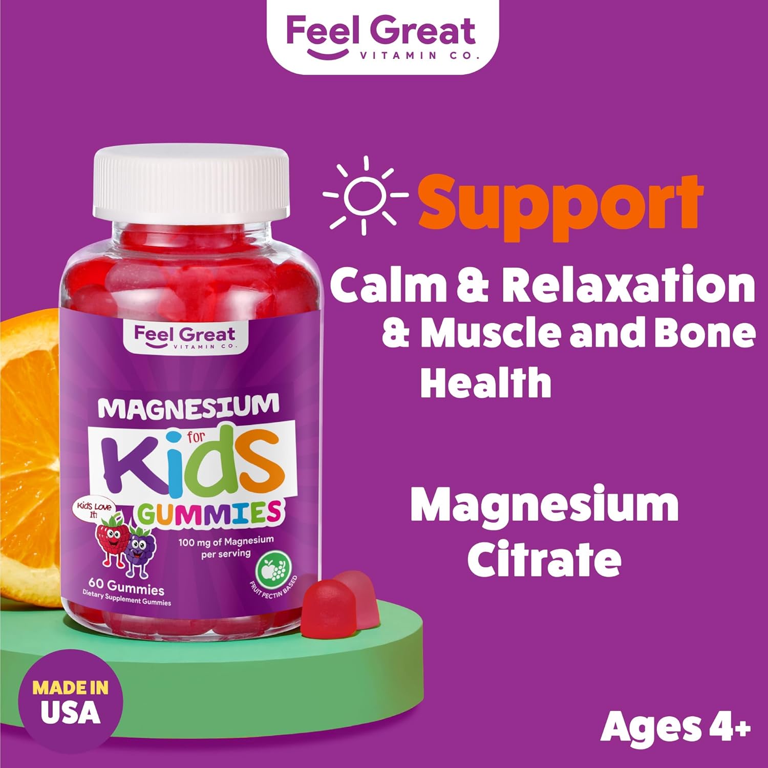 Feel Great Kids Calm Magnesium Gummies - Magnesium Supplement for Children - Magnesium Citrate Gummies - 60 Count - Image 2