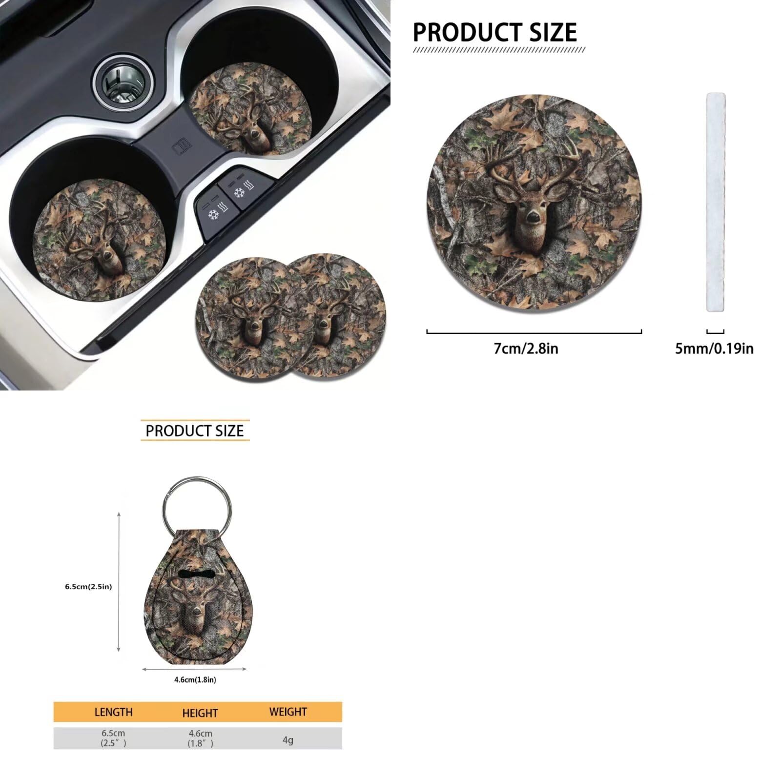 Xoenoiee Set completo di 11 coprisedili per auto, con stampa mimetica con alci, coprivolante, coprisedili anteriori e posteriori, imbottiture per cinture di sicurezza, sottobicchiere e portachiavi,