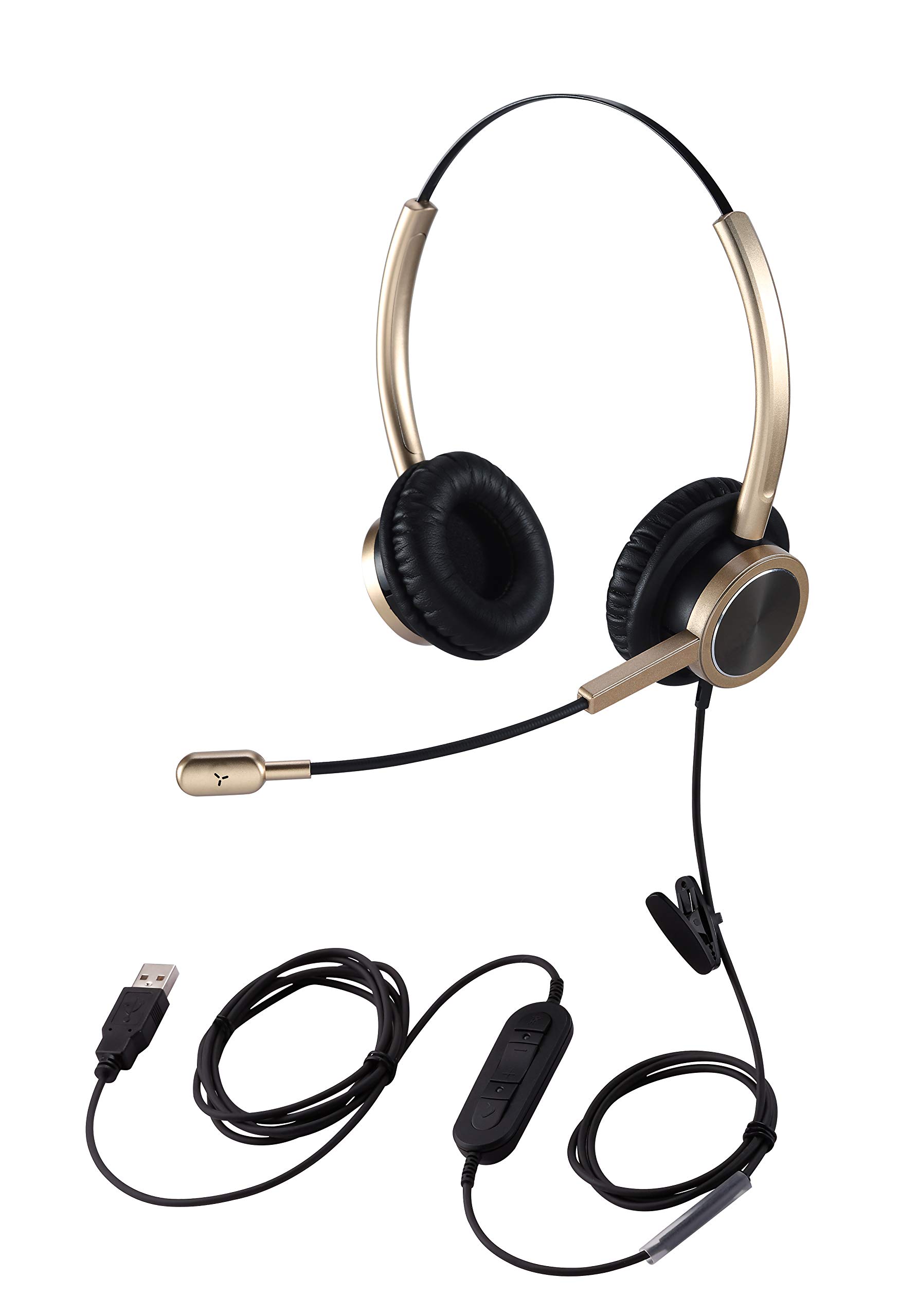 Yexatel USB Headset with Microphone Noise Cancelling PC Computer Headset for Zoom Skype Conference Meeting Speech Recognition Dictation Online Courses Inline Volume Control Mute Button Gold Double Ear