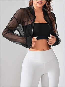 Verdusa Women's Mesh Sheer Crop Athletic Jackets Lightweight Long