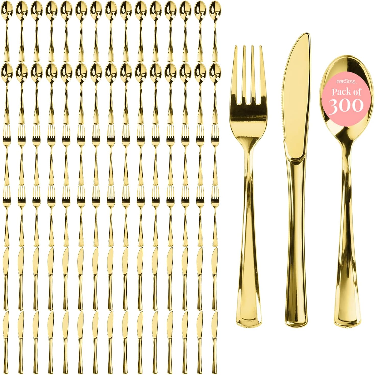 Prestee 300 Count Gold Plastic Silverware Set - Heavy Duty Disposable Cutlery with 100 Forks, 100 Spoons, and 100 Knives - Elegant Gold Plastic Forks and Spoons for Weddings, Holidays, and Parties