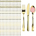 Prestee 300 Count Gold Plastic Silverware Set - Heavy Duty Disposable Cutlery with 100 Forks, 100 Spoons, and 100 Knives - Elegant Gold Plastic Forks and Spoons for Weddings, Holidays, and Parties