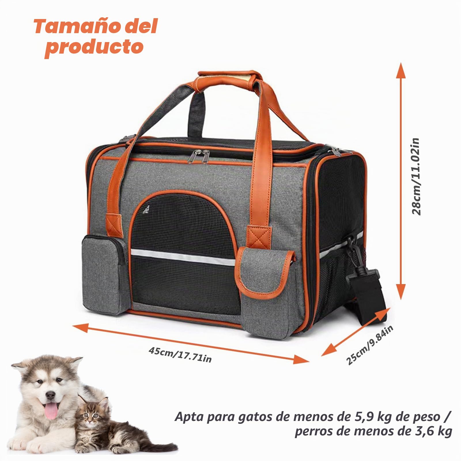 Transportín Perro Gato, 45x28x25 cm Bolsa Transpirable de Viaje para Mascotas Maletines Portador con Colchón, Correa de Hombro y Tira Reflectante