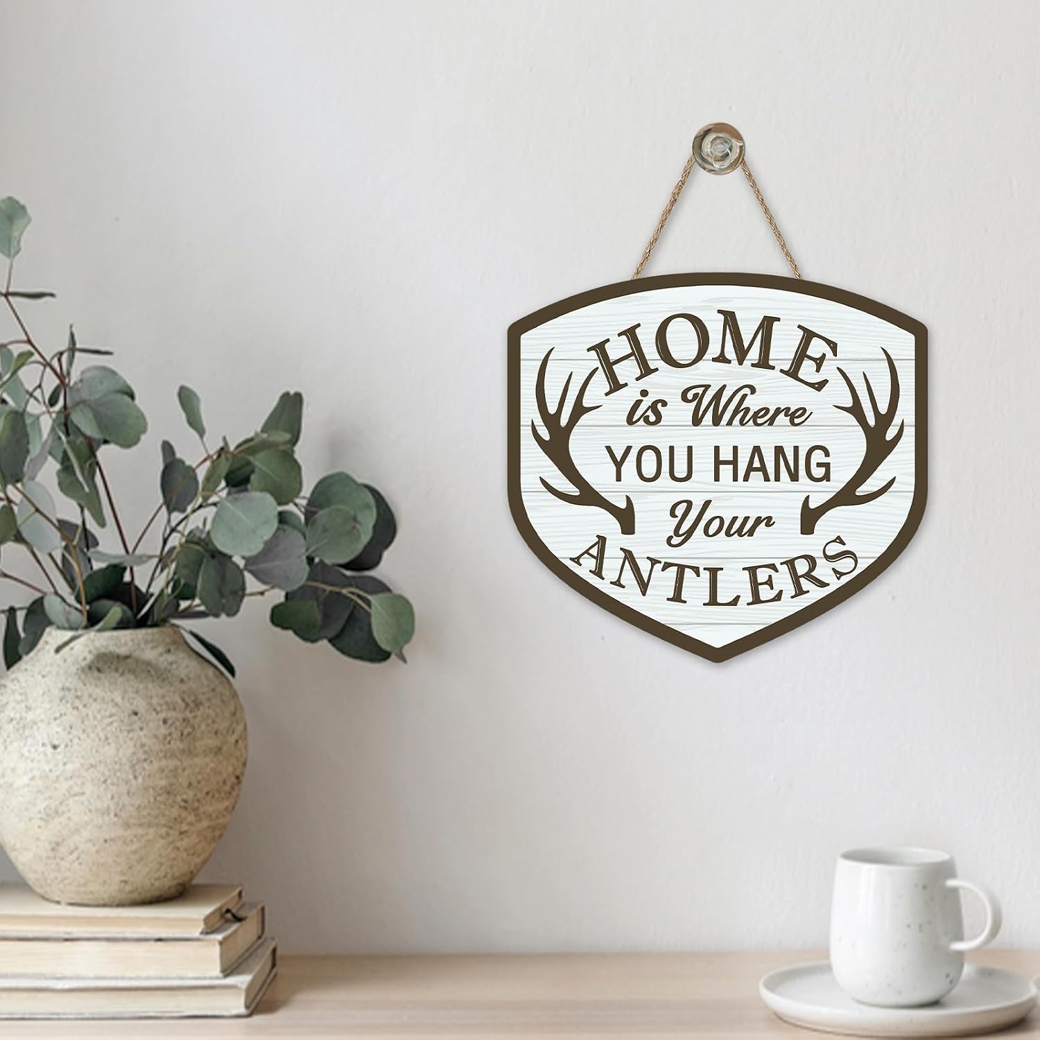 Home is Where You Hang Your Antlers Front Door Sign, Rustic Country Hunting Cabin Wood Plaque Hanger Outdoor Home Decor, Farmhouse Wooden Wreath Wall Hanging Decoration Gifts for Hunters