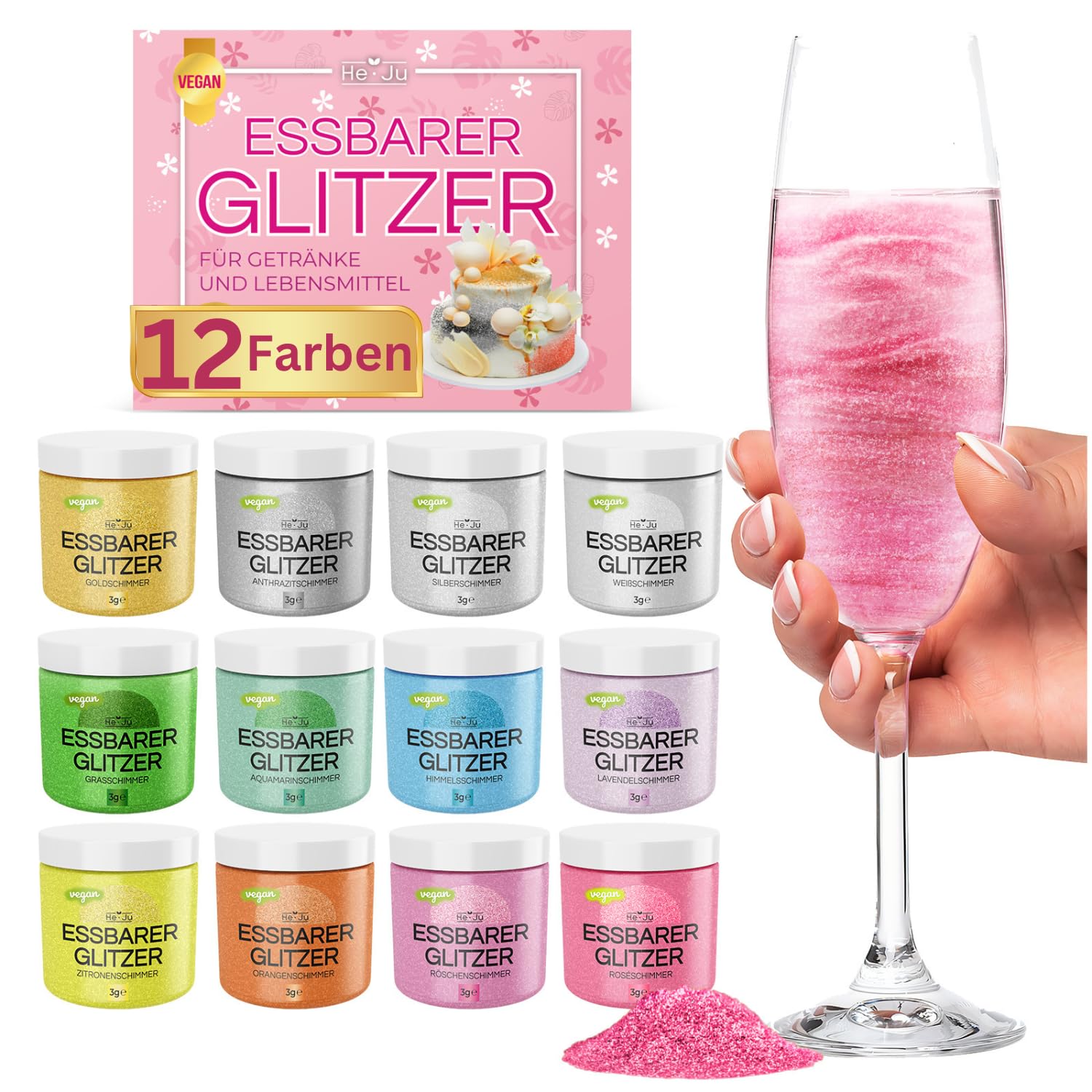 He-Ju Essbarer Glitzer für Getränke und Lebensmittel 12 x 3g Edible Glitter, OHNE E171, Vegan, Glutenfrei, Laktosefrei, Zuckerfrei - Perfekter Essbarer Glitzer für jeden Anlass