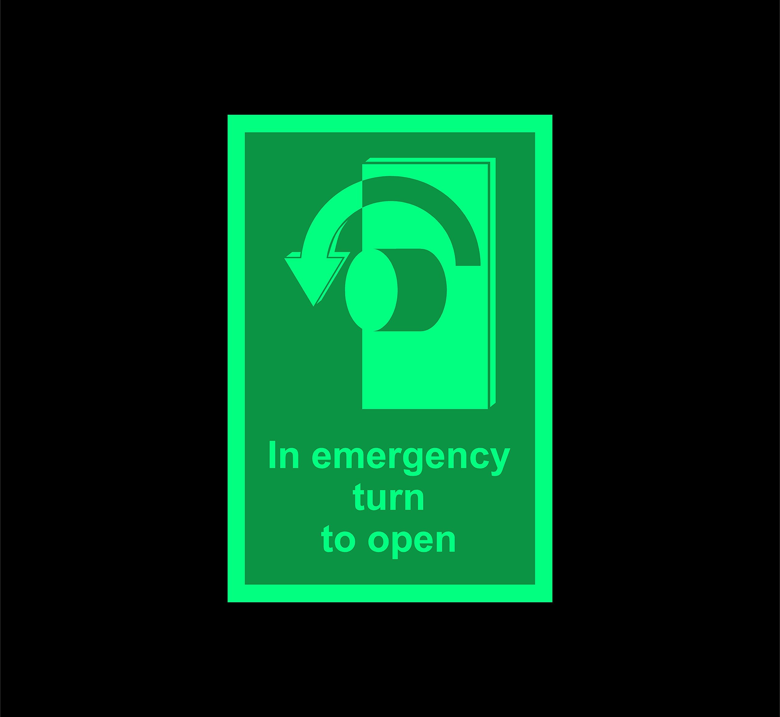 In emergency turn left to open Safety sign - 150mm x 100mm 1.2mm Photoluminescent rigid plastic with self adhesive backing