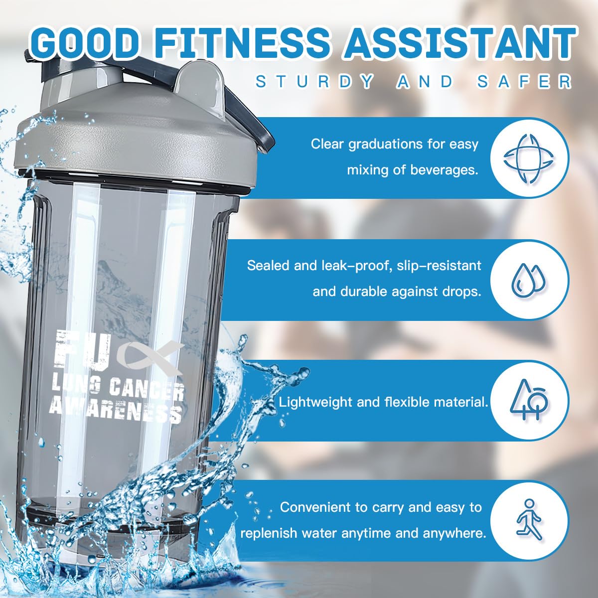 Fuck Lung Cancer Awareness 18 Ounce Shaker Bottle Drink Mixer Leak-proof Pre Workout Protein Shakes Meal Replacement Shakes Bottles 500ML/18 Oz Gray